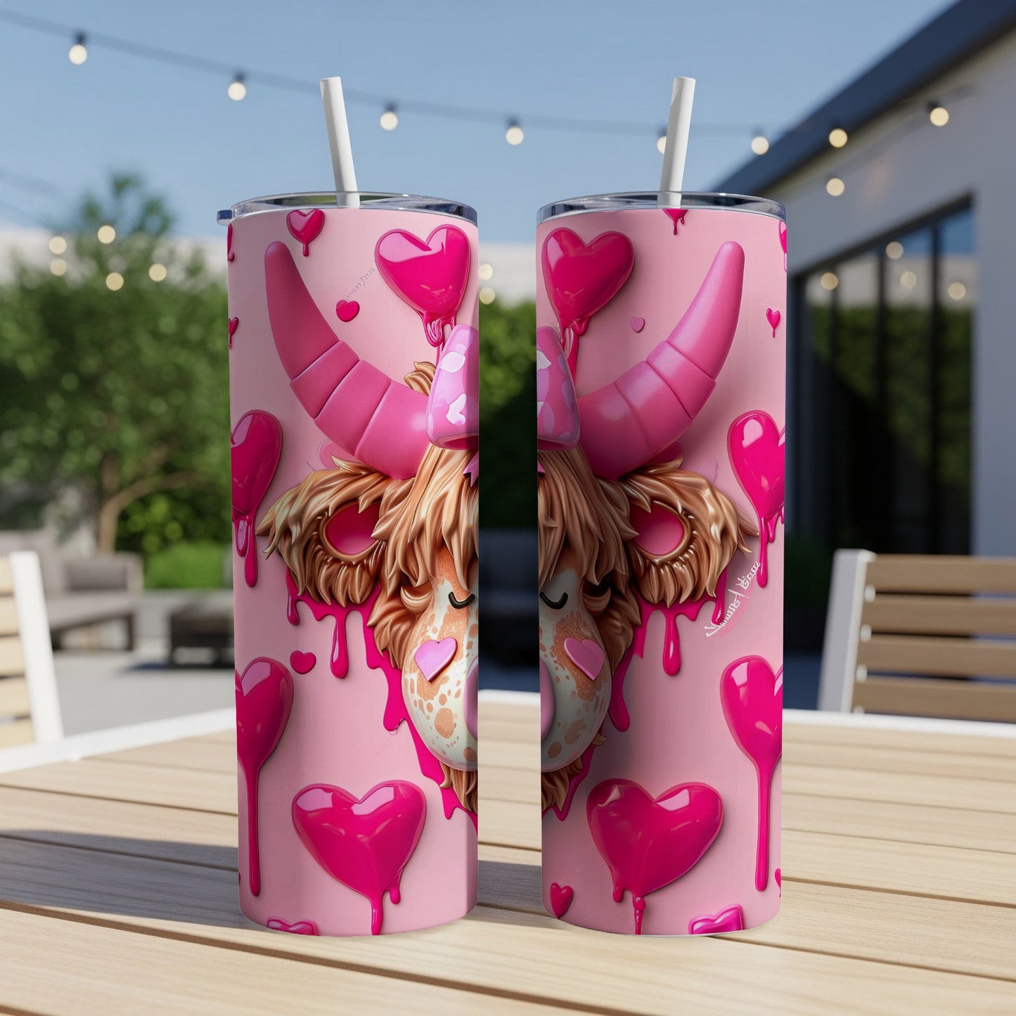 Pink highland cow with hearts and balloons on a tumbler.