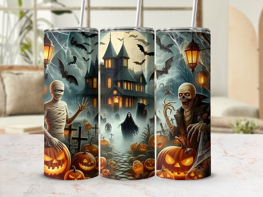 Halloween tumbler with mummy, skeleton, ghosts, haunted house, bats, and pumpkins.