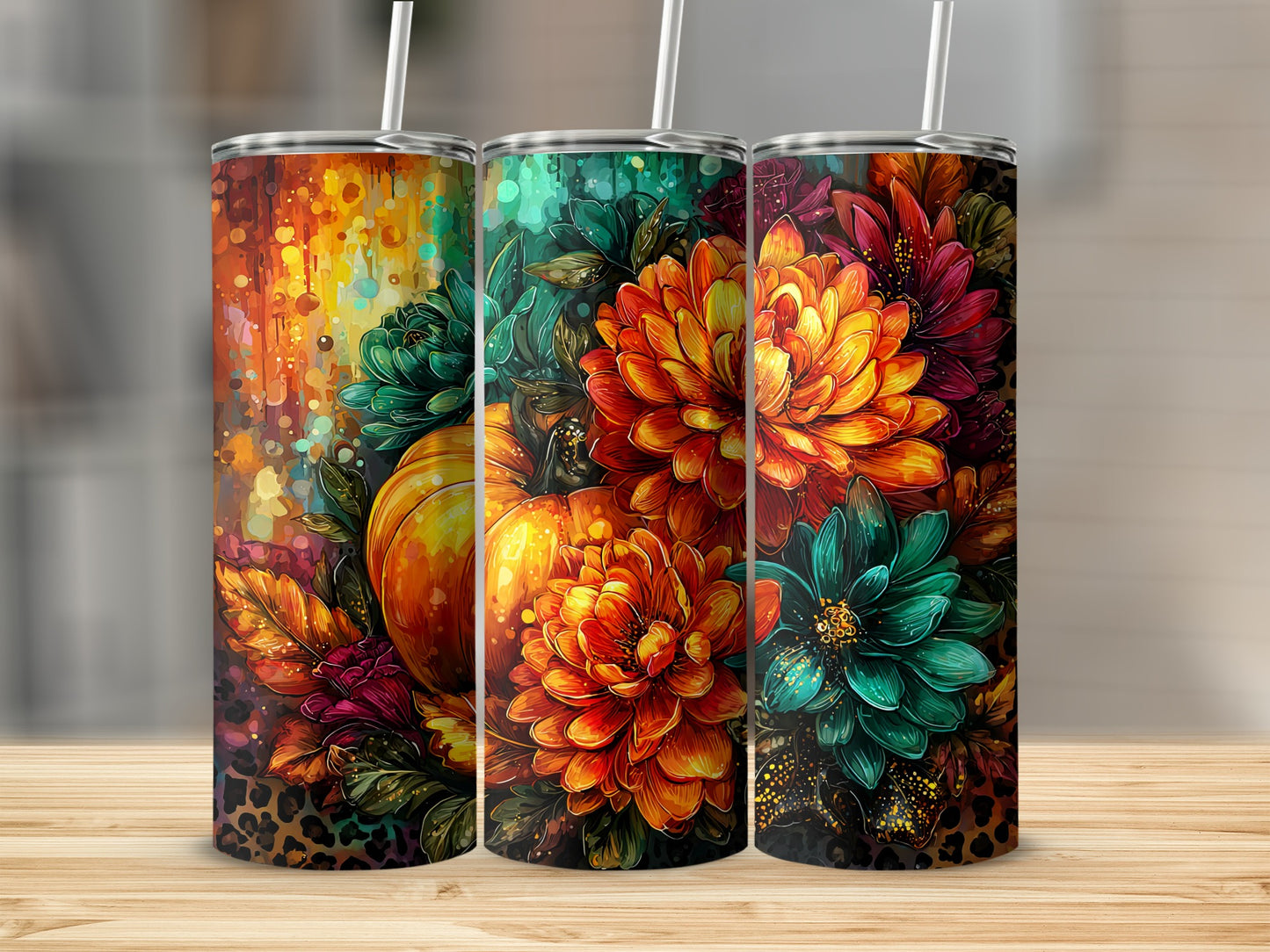Floral Pumpkin Tumbler with Colorful Autumn Design