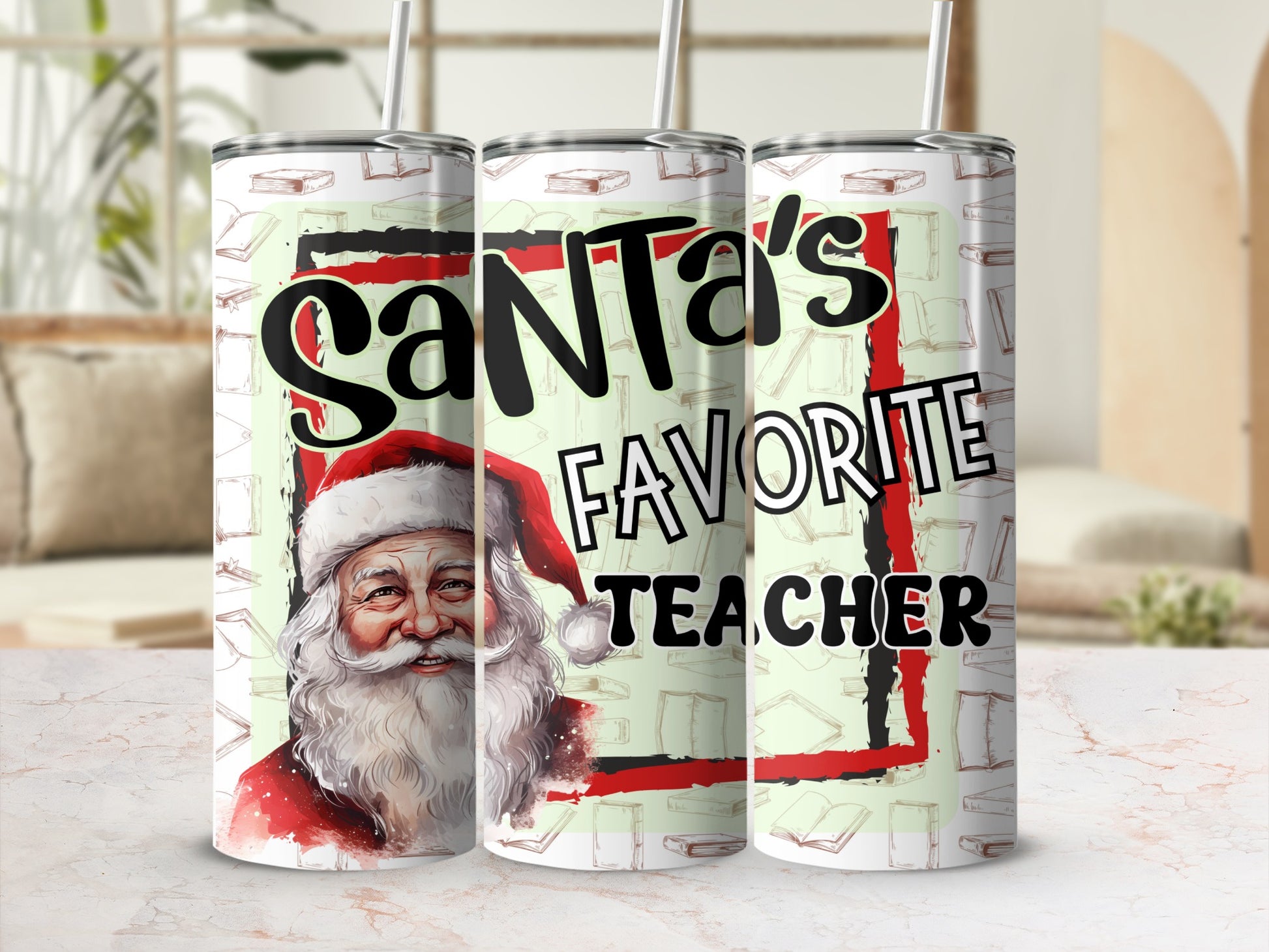 Santa's Favorite Teacher tumbler with Santa Claus illustration and book graphics.