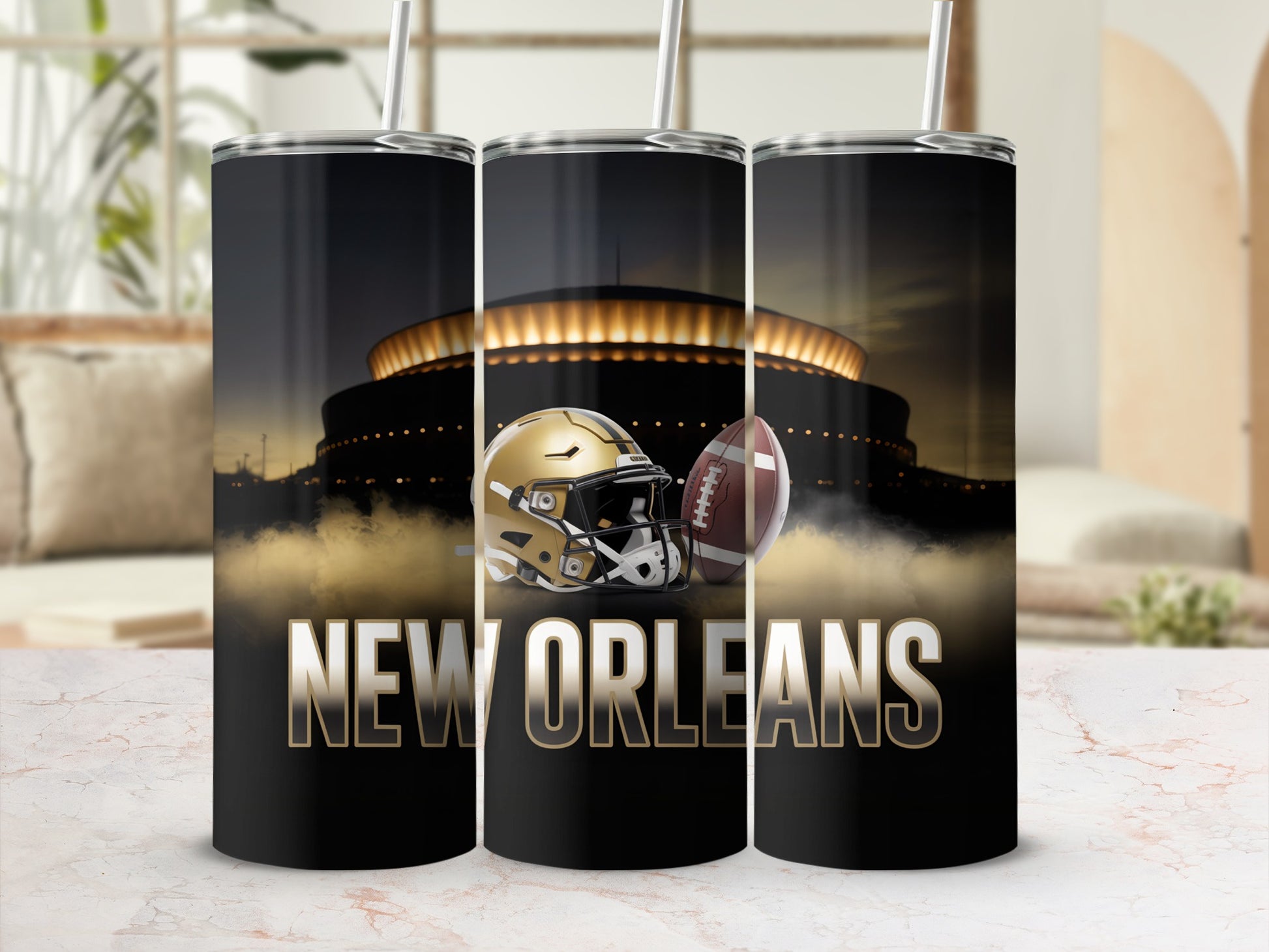 New Orleans Saints tumbler with helmet, football, and stadium background.