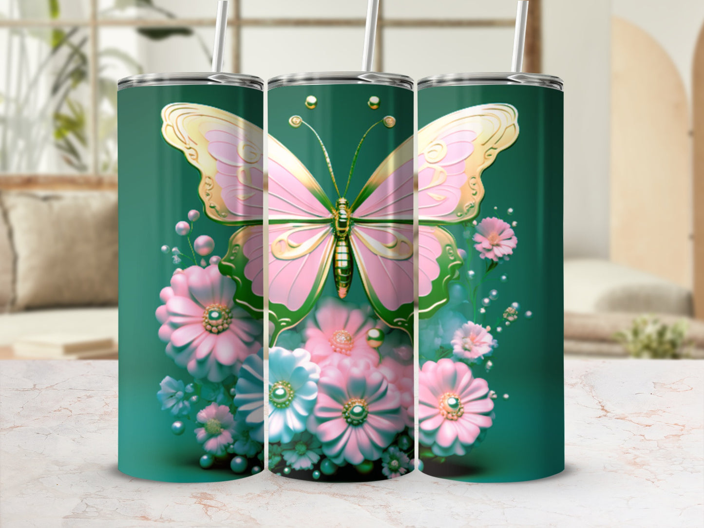 Green tumbler with pink butterfly and floral design.