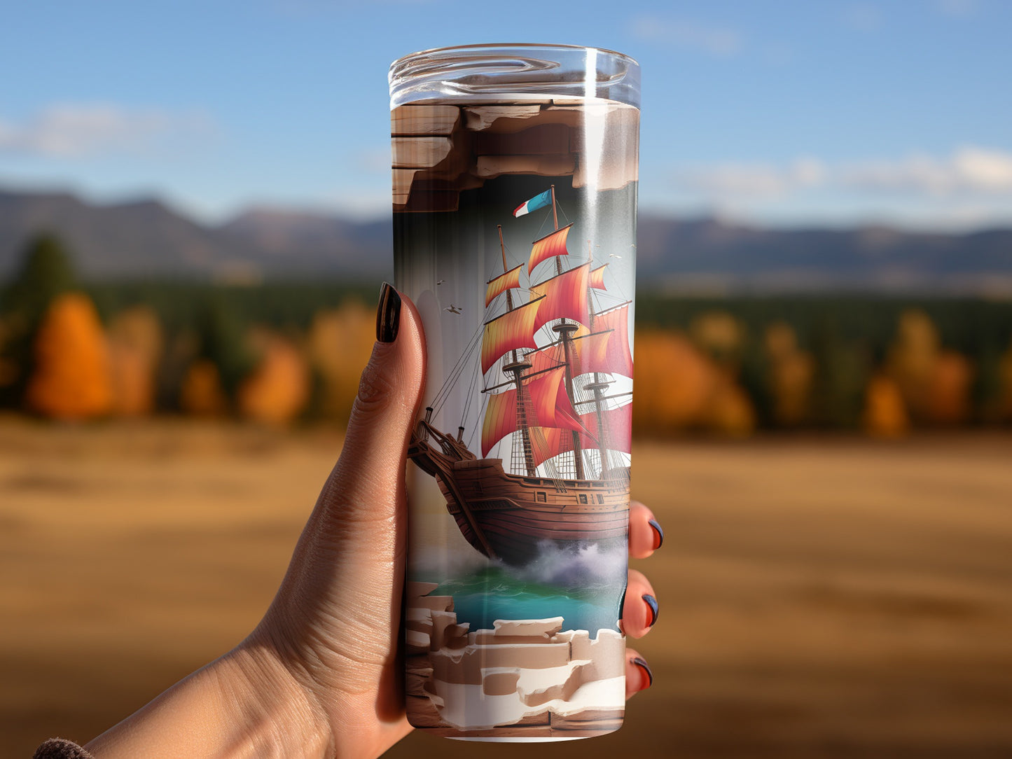 Hand-Painted Pirate Ship Scenic Landscape Tumbler