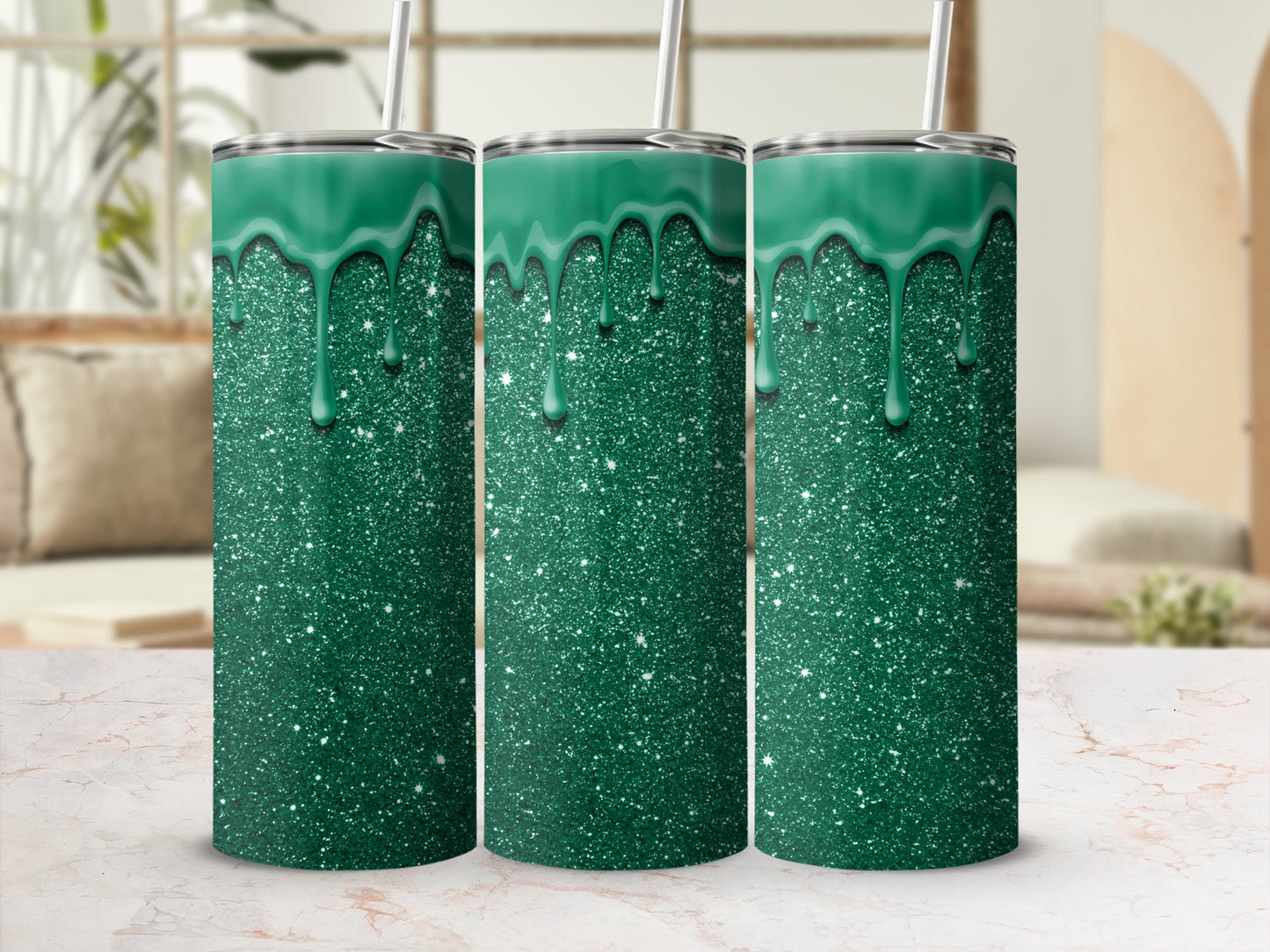 Green Glitter and Dripping Design Tumbler Product