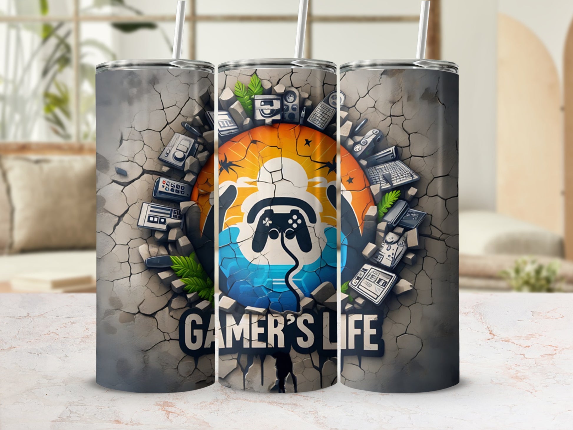 Gaming controller and tech icons with "Gamer's Life" text on a cracked texture.
