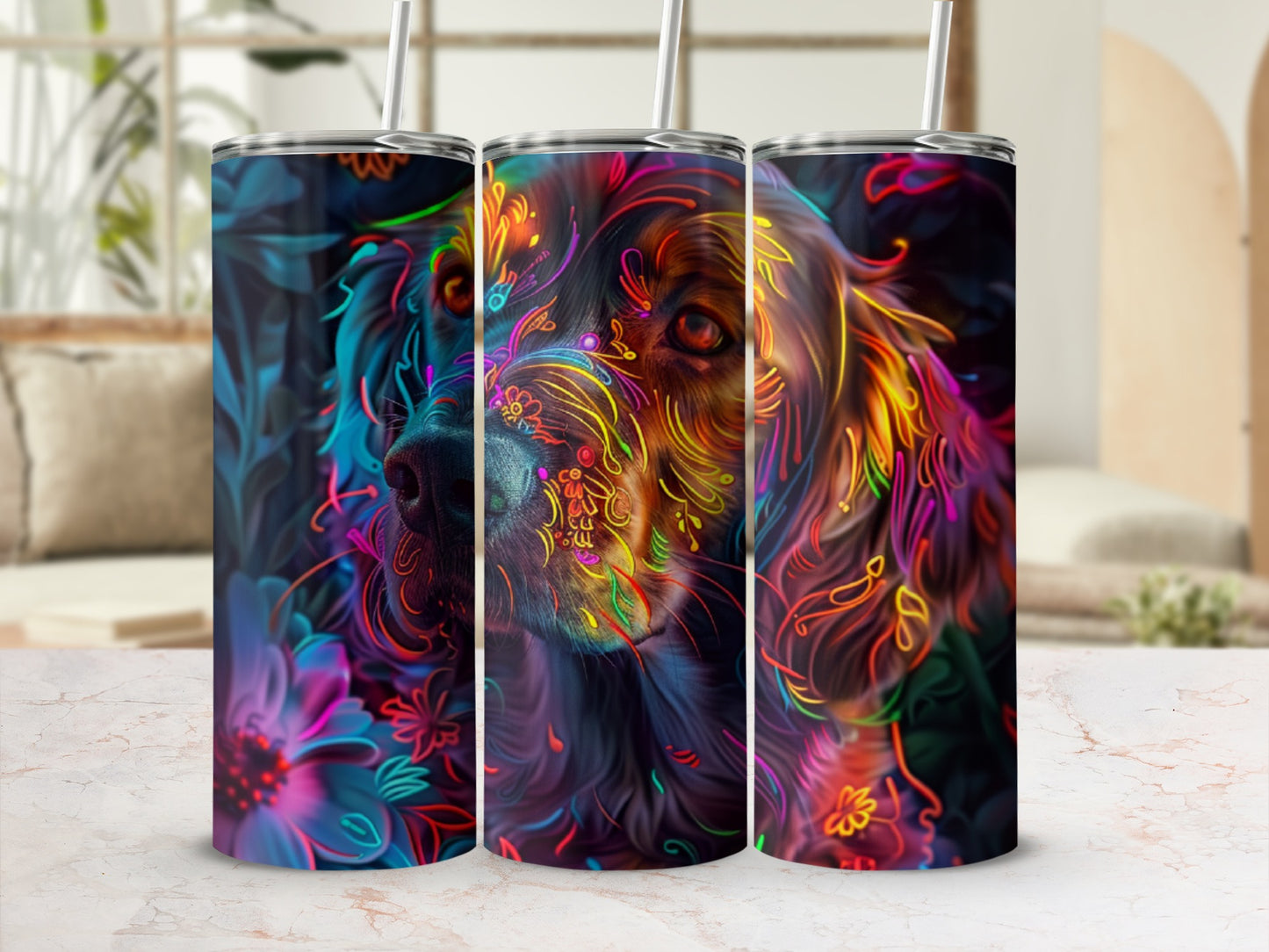 Tumbler with vibrant floral patterns over a dog's face.