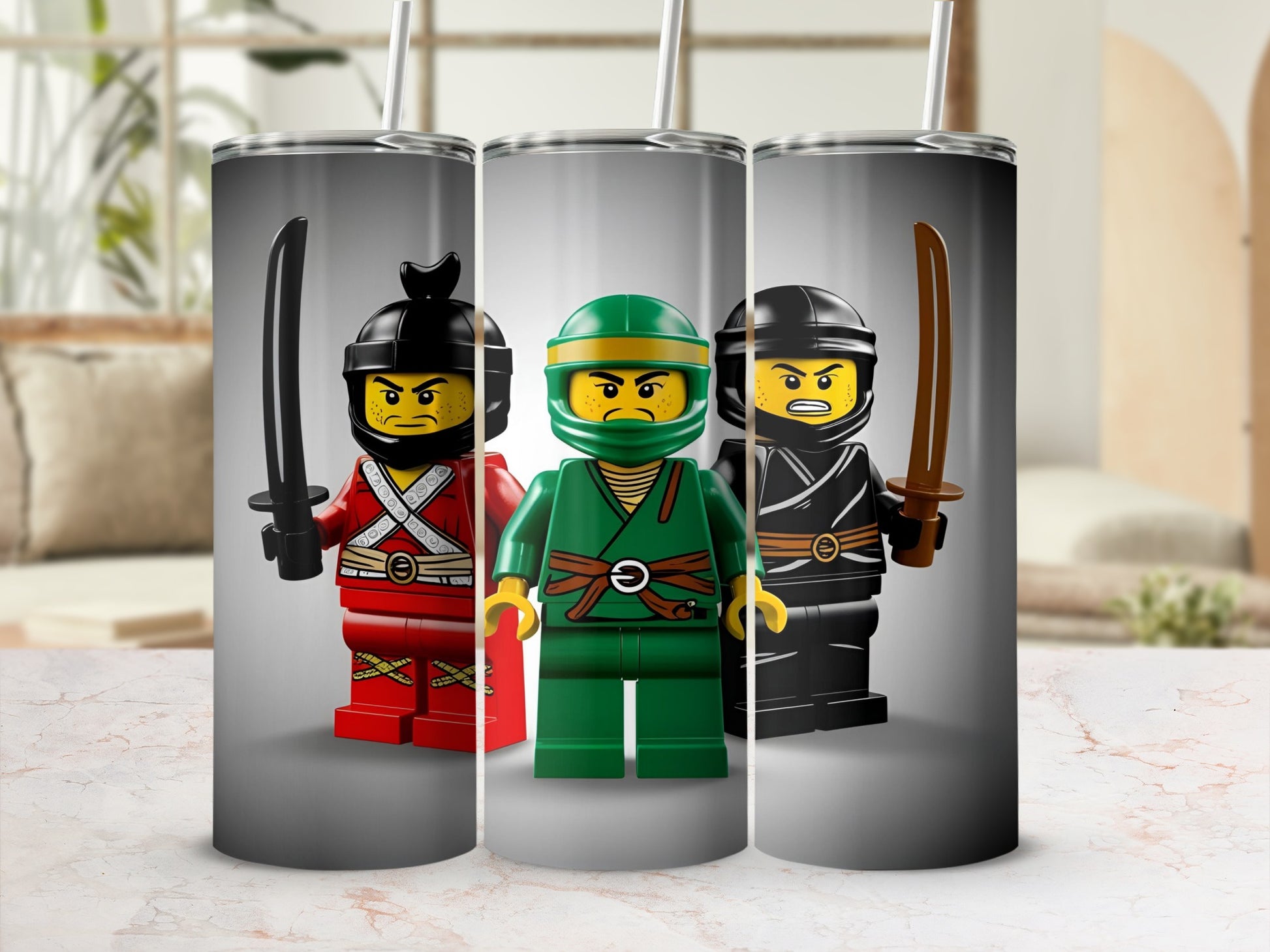 Three Lego ninjas in red, green, and black outfits with swords.