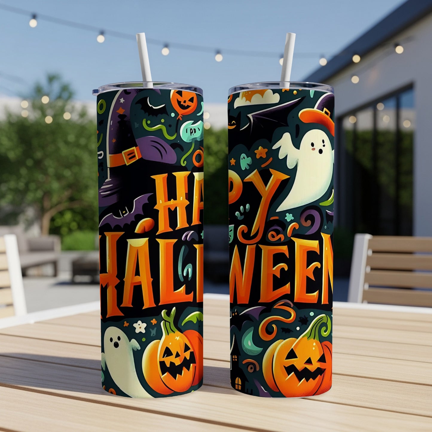 Two tumblers featuring "Happy Halloween" text and Halloween motifs like ghosts, pumpkins, and bats.