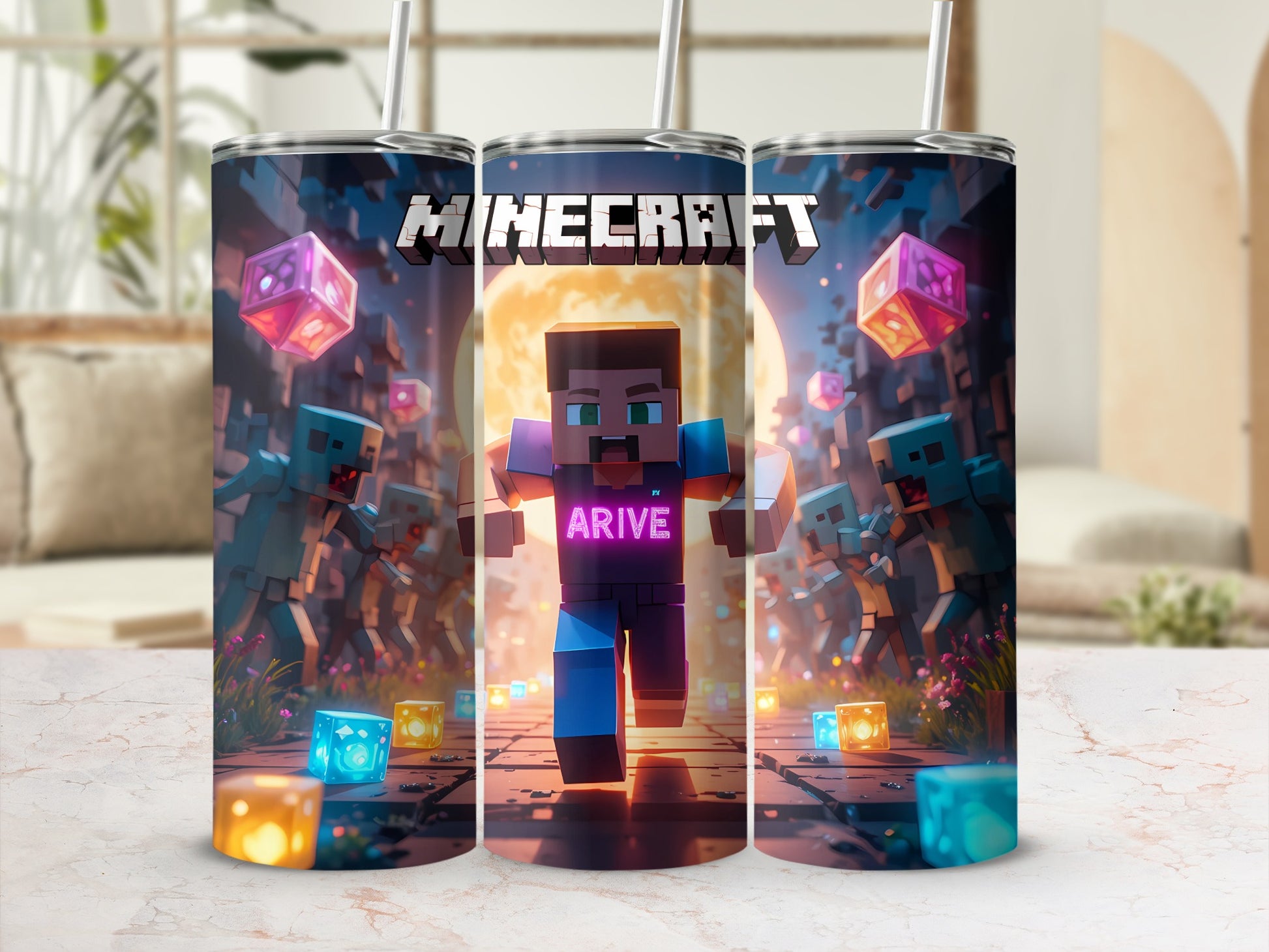 Minecraft Themed Tumbler Cup with Zombie Attack Scene