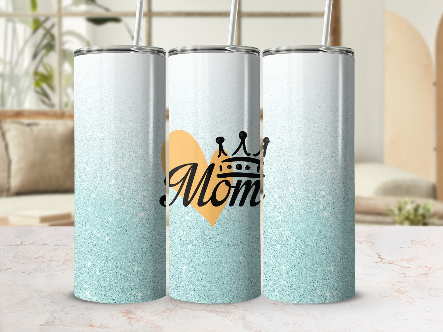 Three mint glitter tumblers with "Mom" and heart graphic.