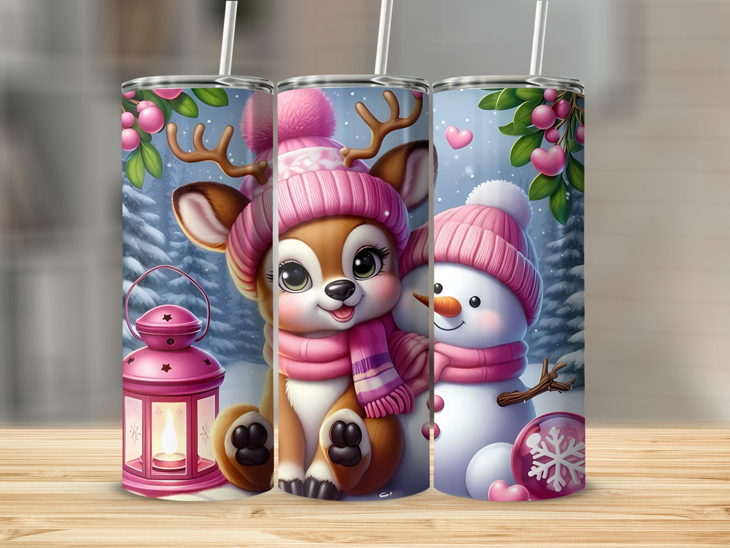 Cute Winter Reindeer and Snowman Skinny Tumbler Product