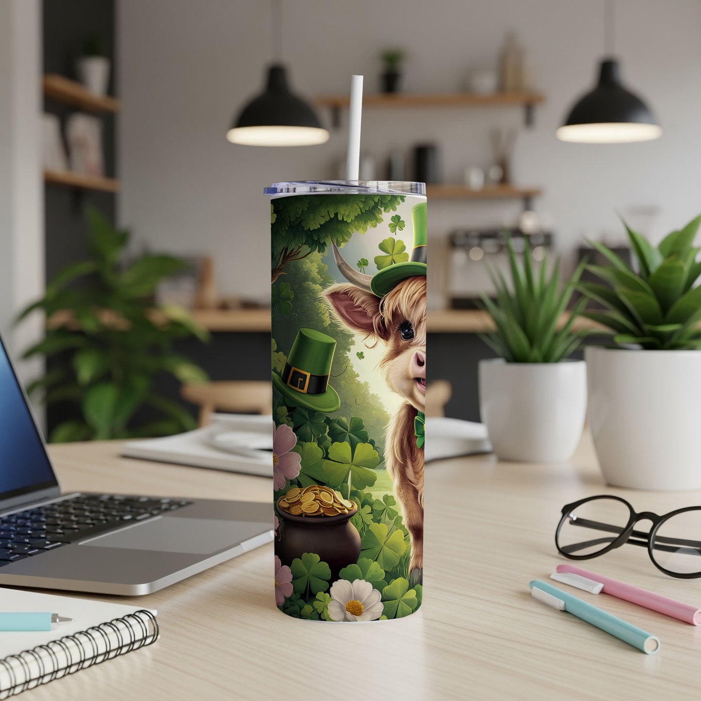 Cute cow with St. Patrick's Day hat and pot of gold on a tumbler.
