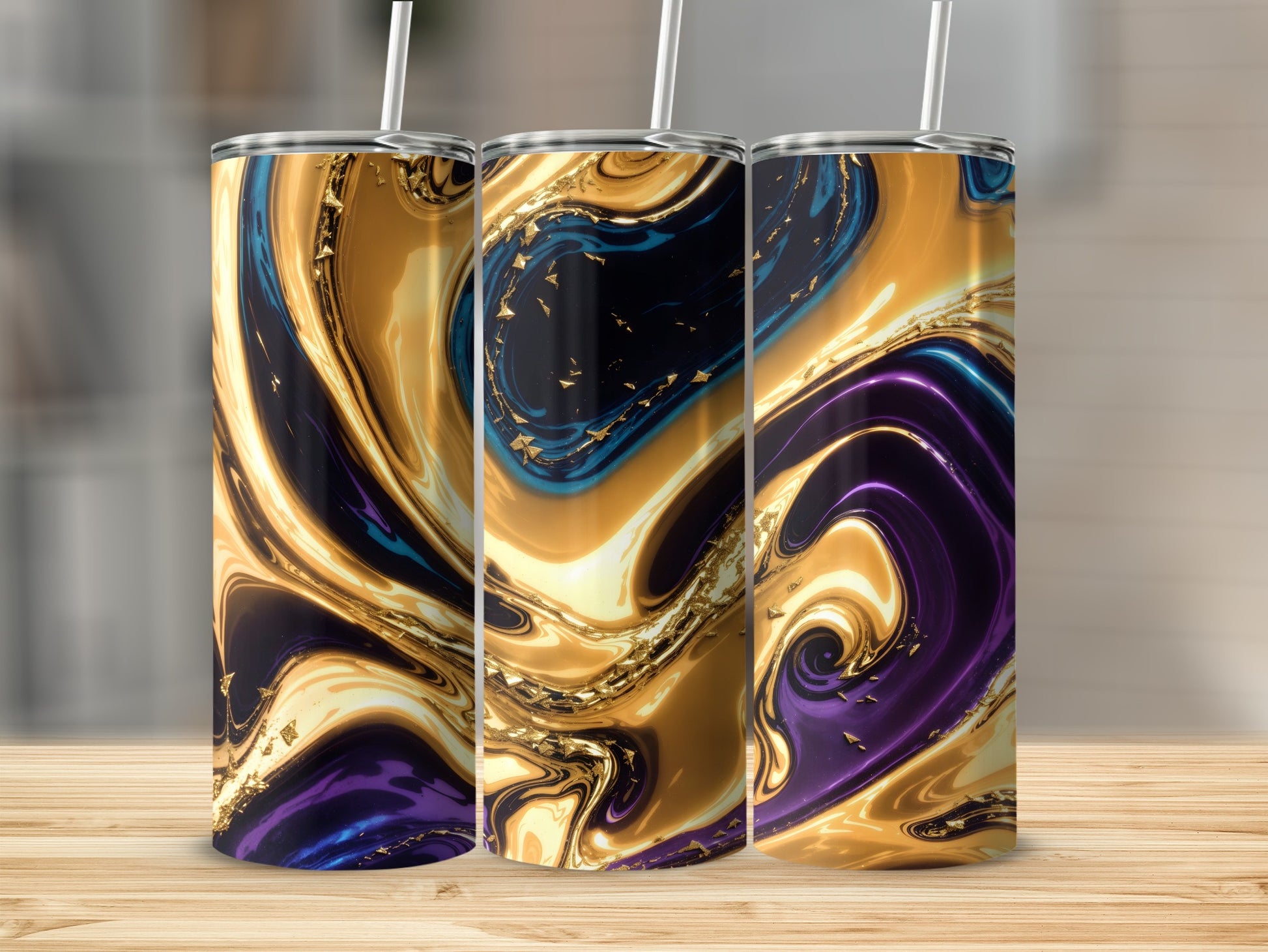 Three tall tumblers with marbled gold, blue, and purple abstract design.