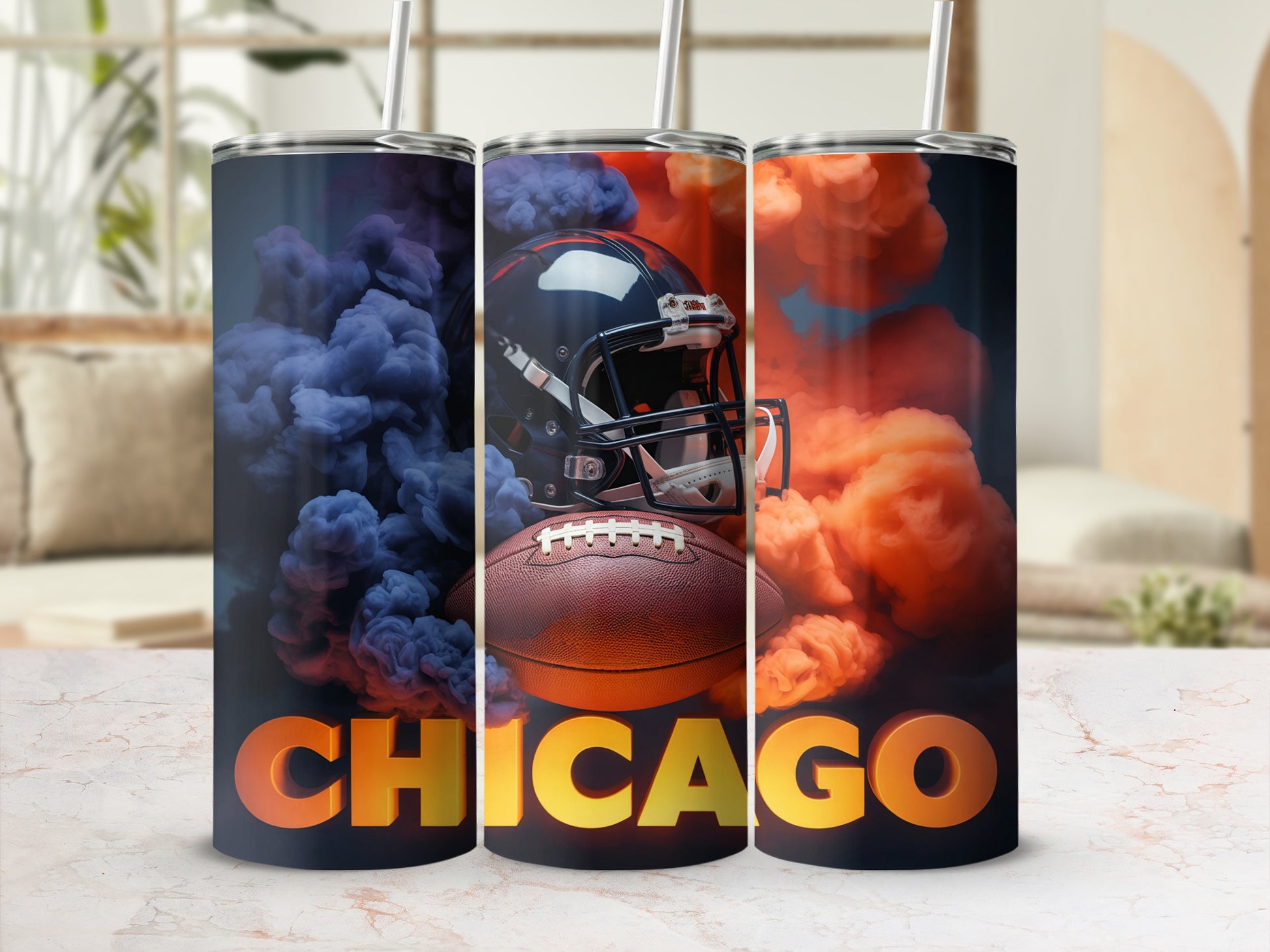 Chicago themed tumbler with football helmet and smoke.