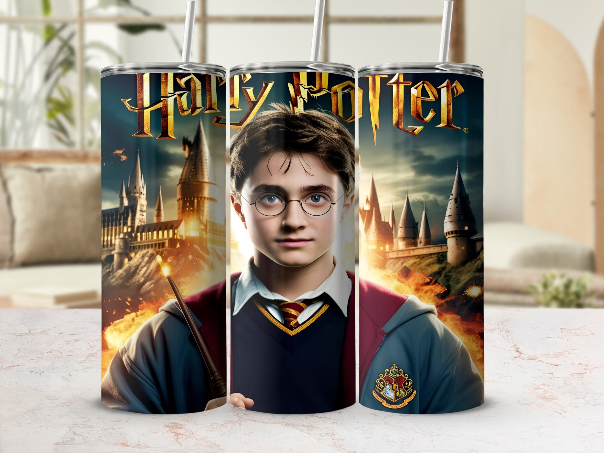 Harry Potter tumbler with Hogwarts castle and Harry Potter character illustration.
