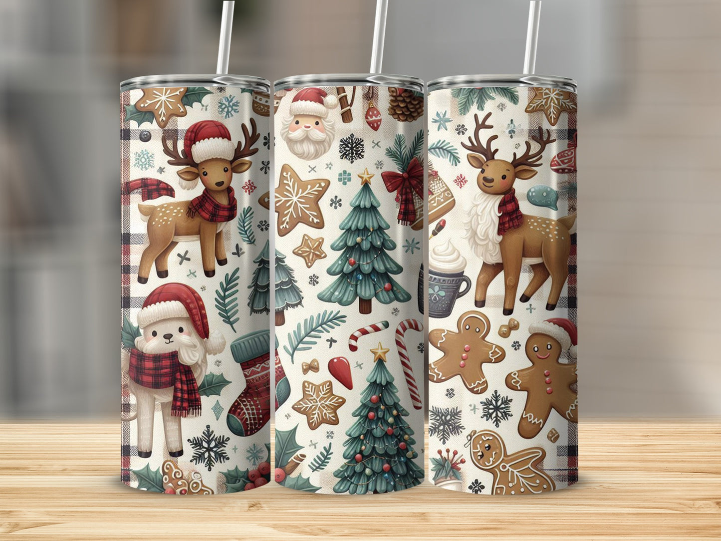 Christmas tumbler with deer, Santa, gingerbread, and snowflakes.