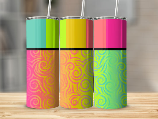 Three tumblers with bright color blocks and swirling tribal patterns.