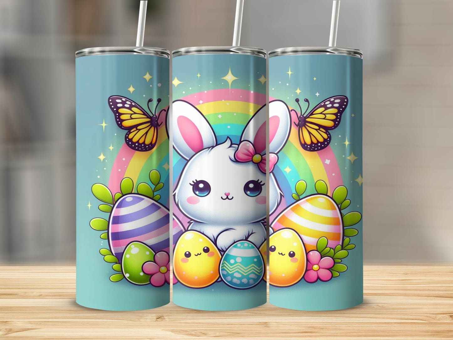 Easter bunny with rainbow and decorated eggs, butterflies, and flowers.