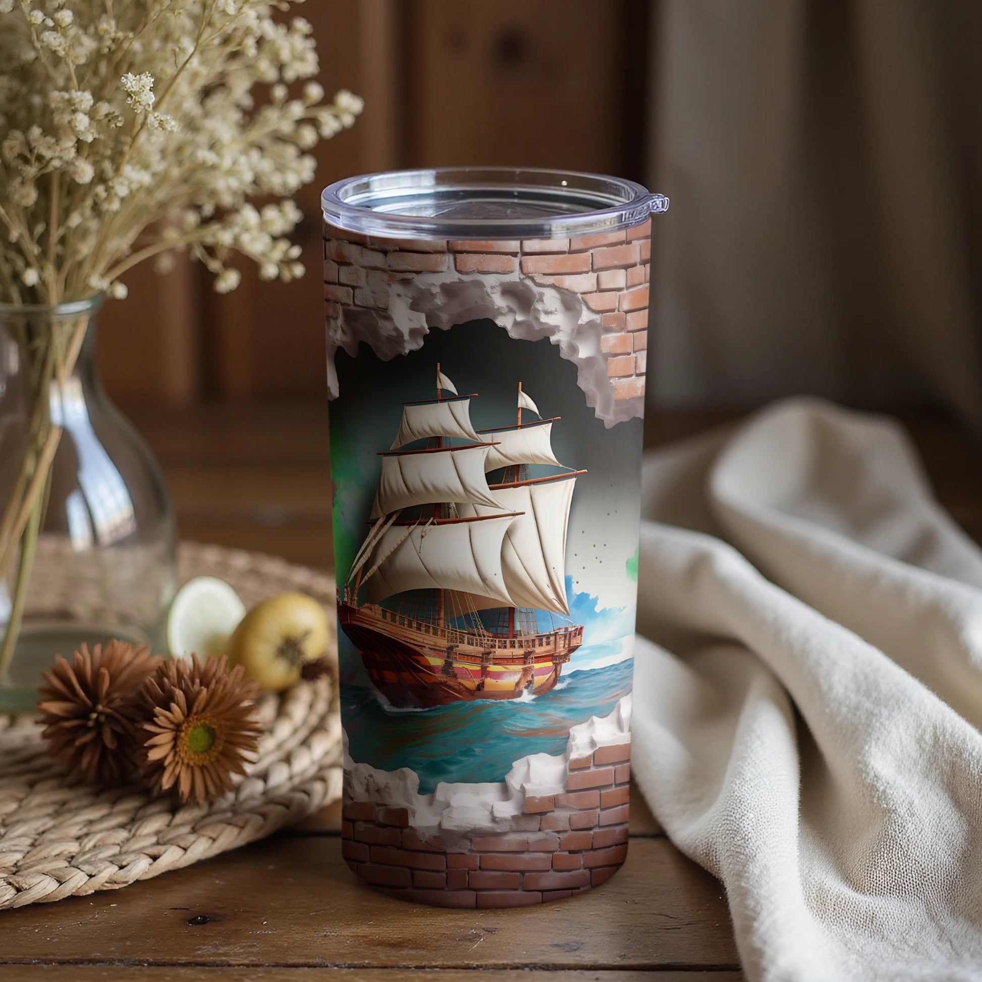 Vintage Ship in Brick Mural Artwork on Tumbler