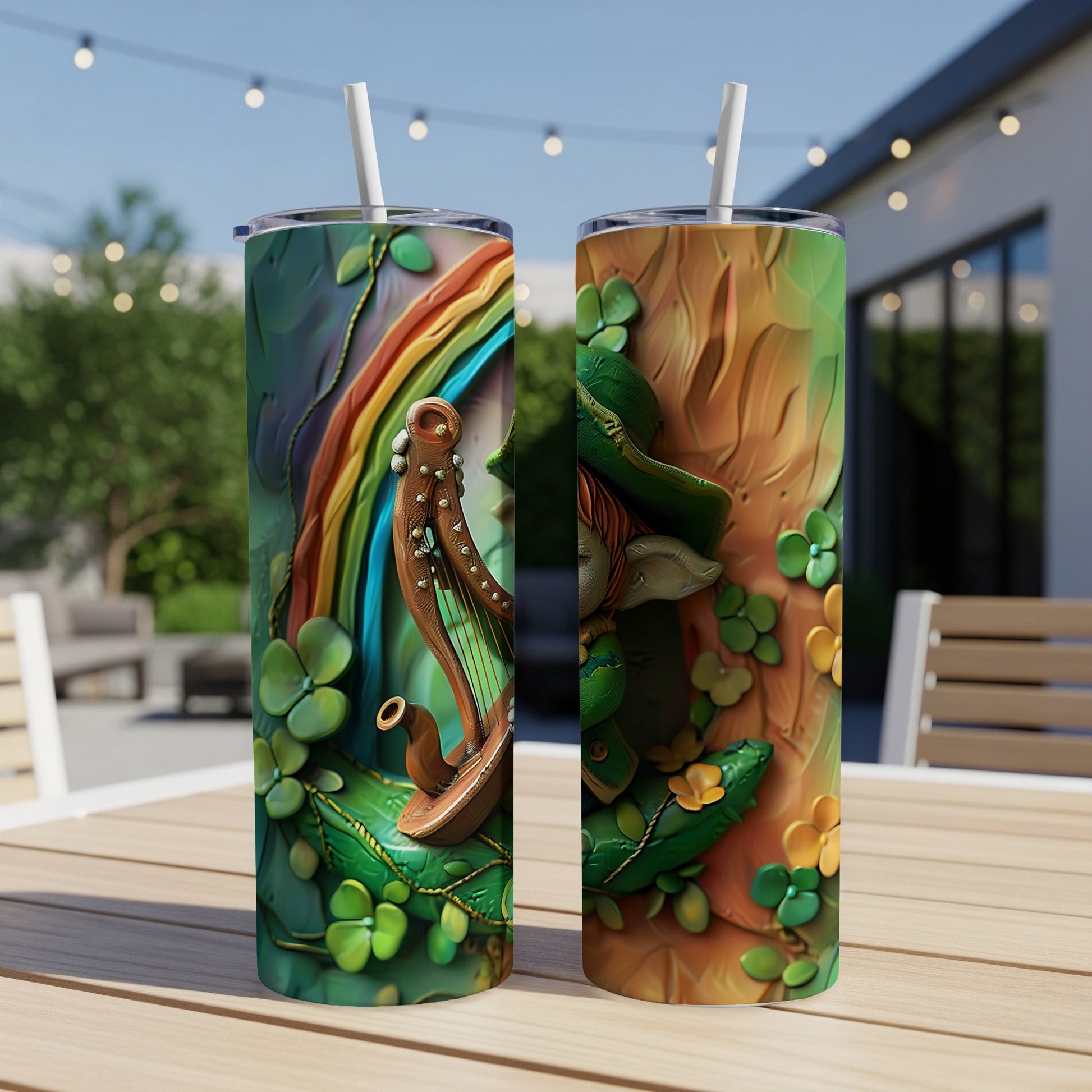 Two tumblers with St. Patrick's Day themed designs featuring a rainbow and a leprechaun.