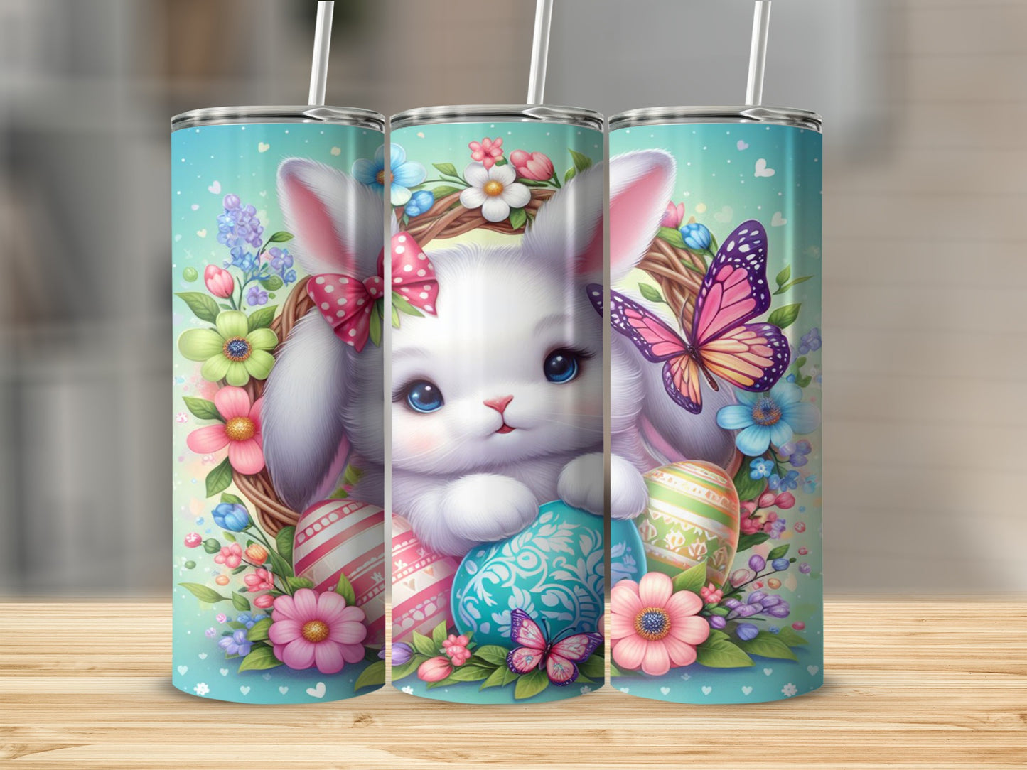Cute Easter bunny with decorated eggs and butterflies on a floral background.