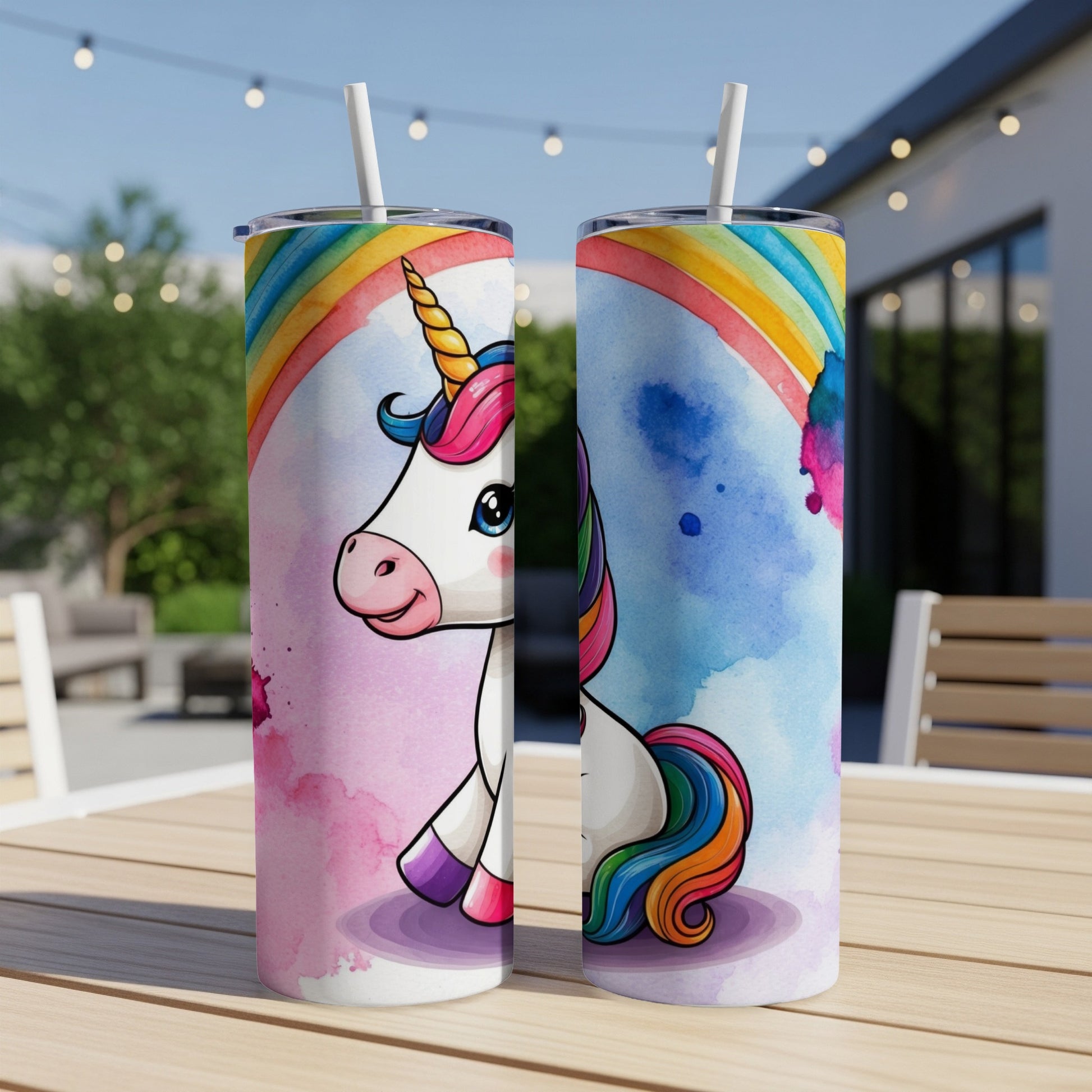 Two tumblers with colorful unicorn and rainbow watercolor designs.