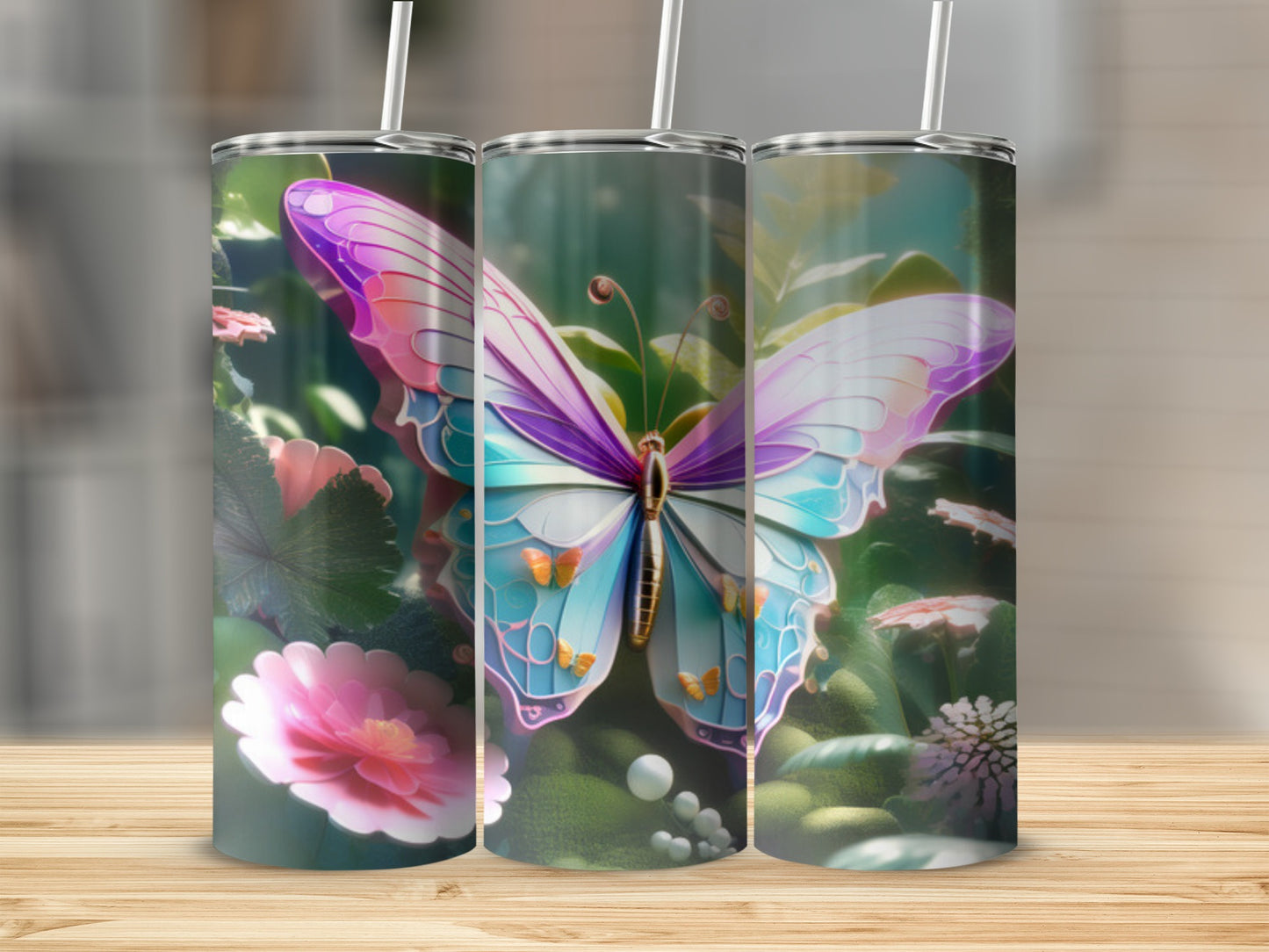 Three tumblers with butterfly and floral designs stand on a wooden surface.