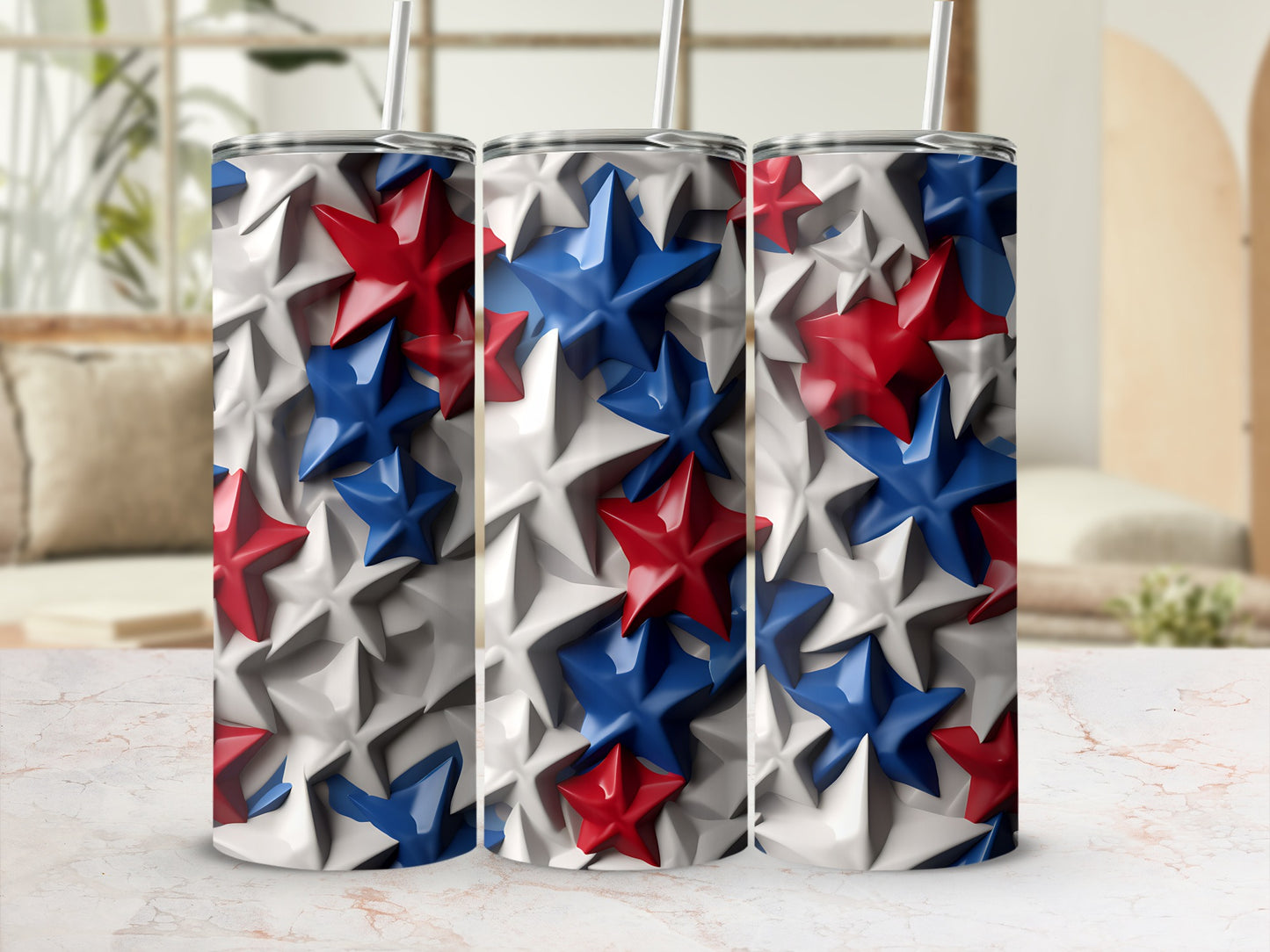 Three tumblers with a textured red, white, and blue star pattern.