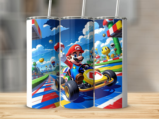 Mario Kart racing scene on a customizable tumbler.