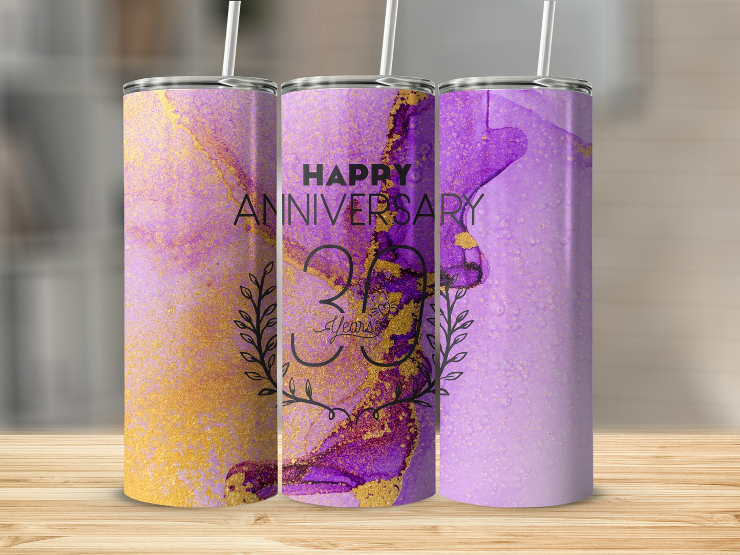Tumbler with purple and gold abstract watercolor design and "Happy Anniversary 3 Years" text.