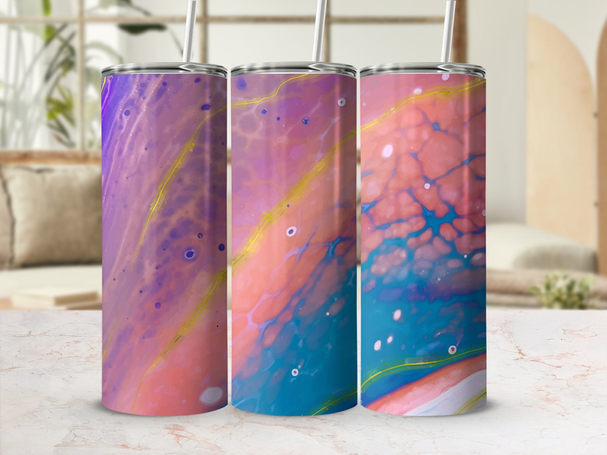 Three tumblers with marbleized abstract art designs in purple, pink, blue, and gold.