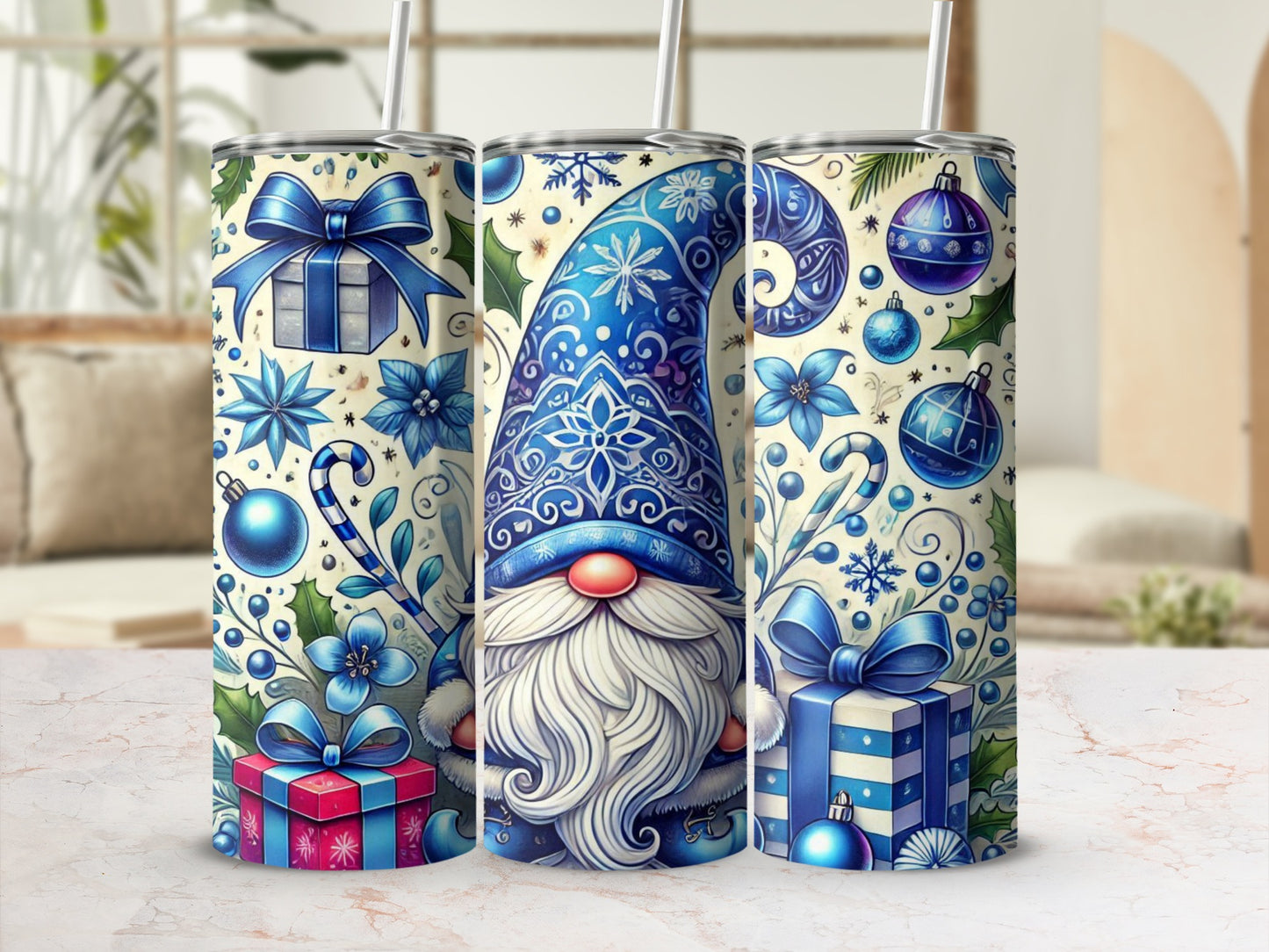 Blue gnome with presents and snowflakes on a patterned tumbler.