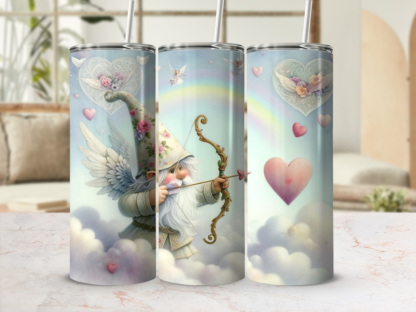 Cute Gnome Cupid with Rainbow and Hearts Tumbler
