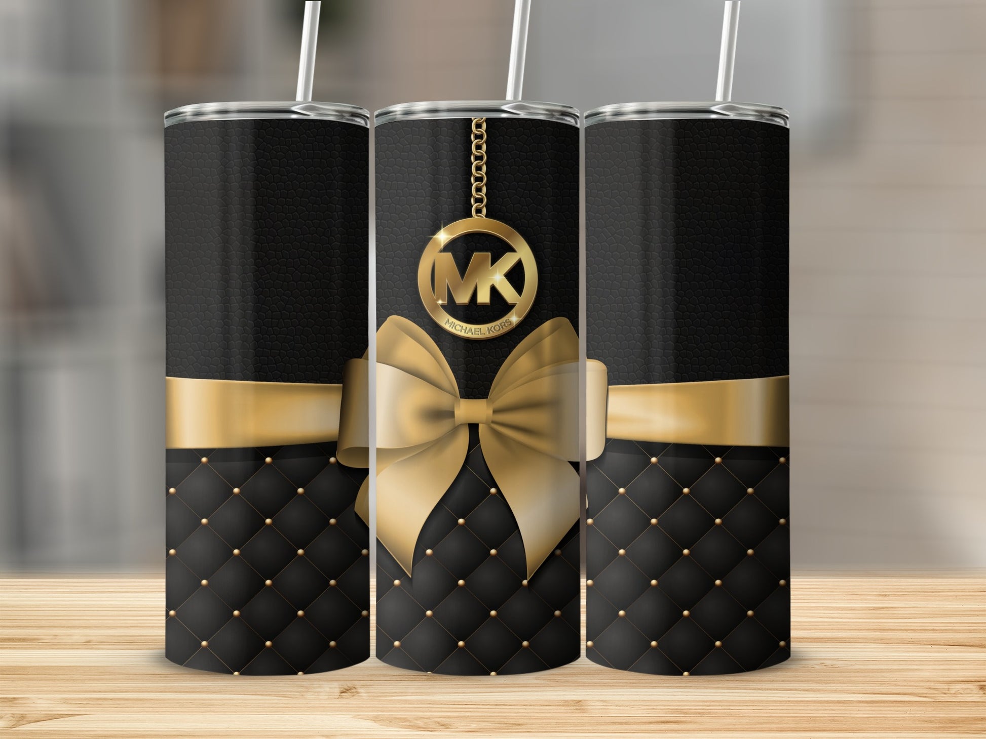 Elegant Gold and Black Quilted Tumbler with Bow Design