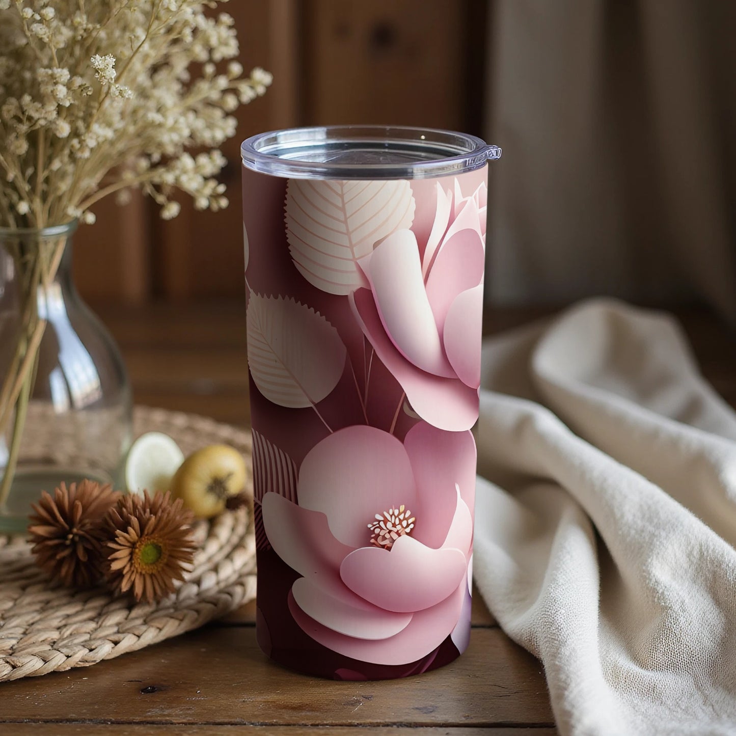 Floral Pink and White Design Insulated Tumbler Product