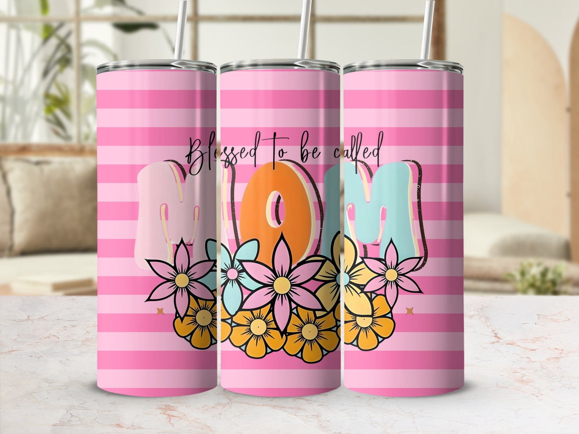 Blessed to be Called Mom Floral Striped Tumbler Design