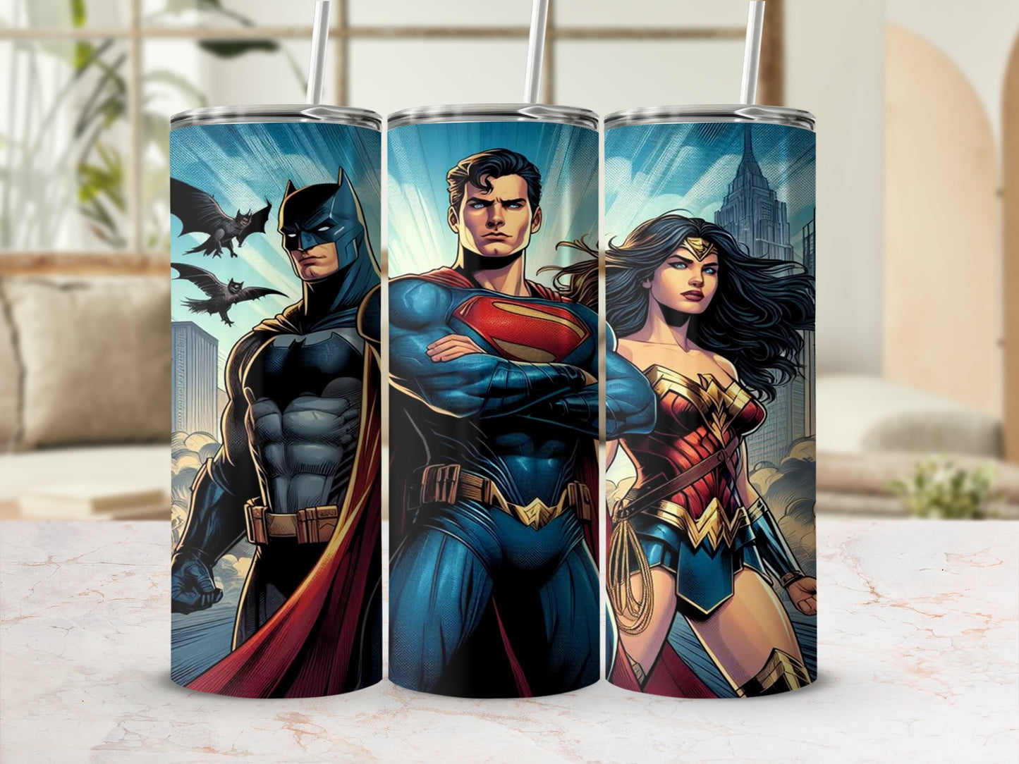 Batman Superman Wonder Woman Drink Tumbler Cup Set