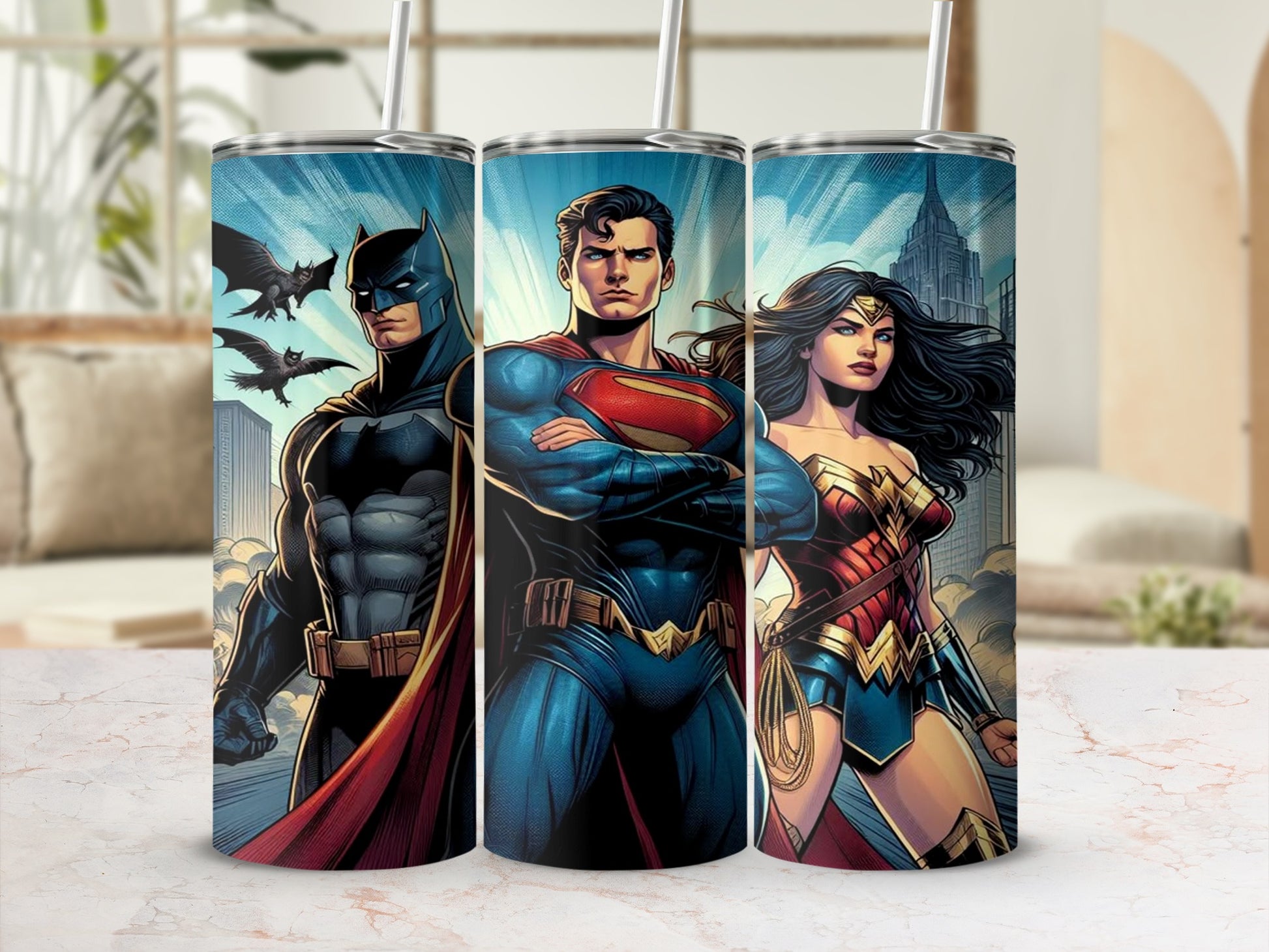 Batman Superman Wonder Woman Drink Tumbler Cup Set