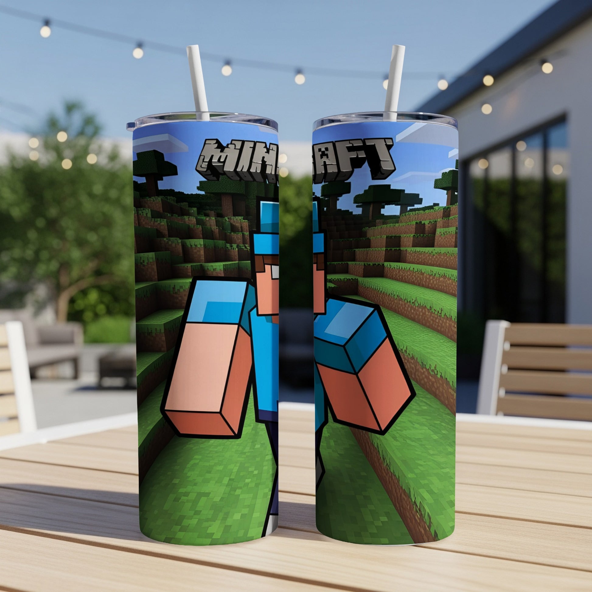 Minecraft character on a tumbler cup with a straw.