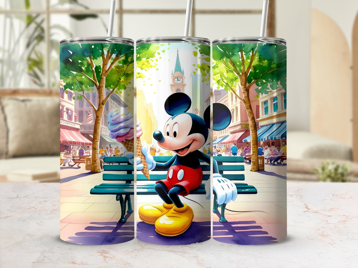 Mickey Mouse on a bench holding an ice cream cone in a park.