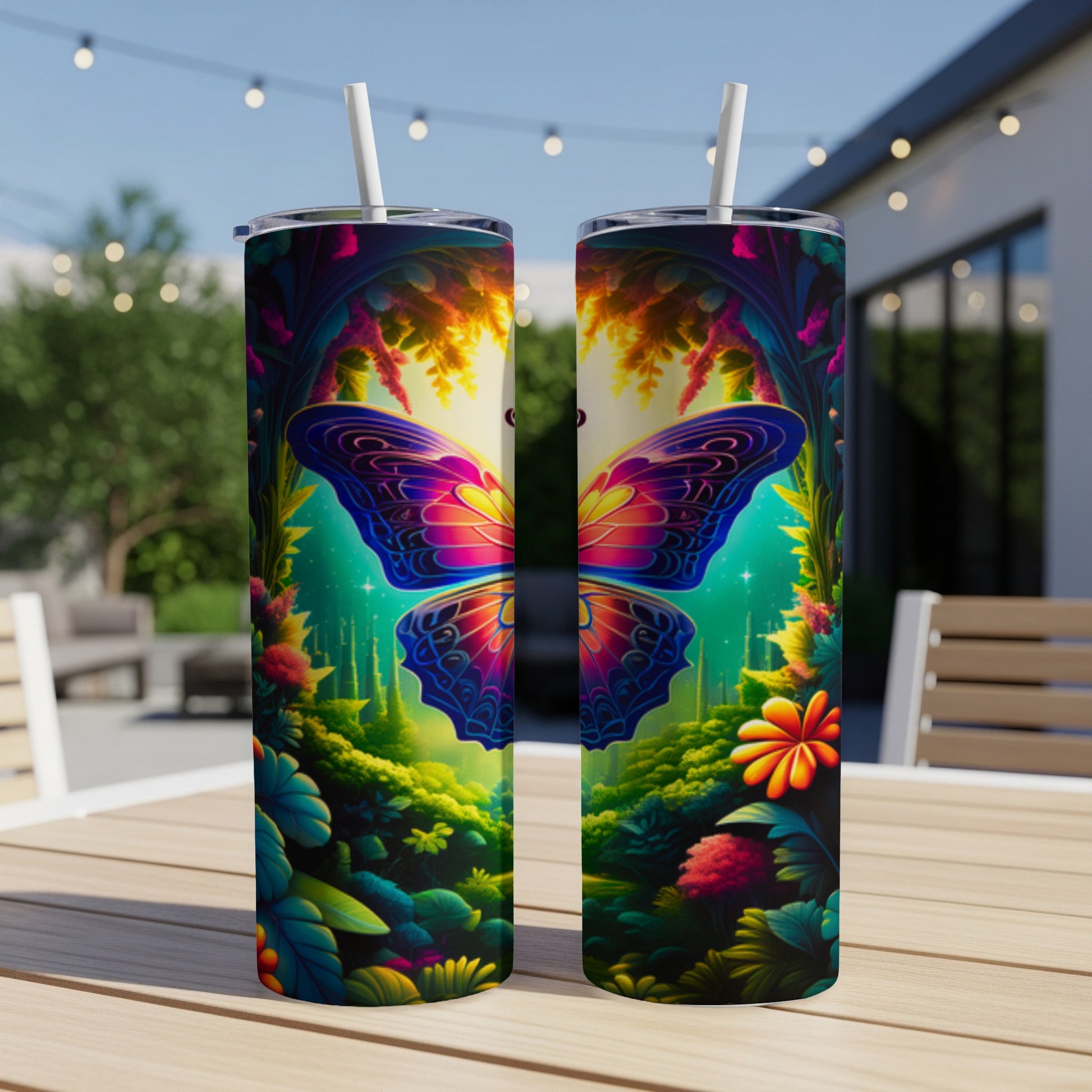 Two tumblers with a colorful butterfly and floral scene.