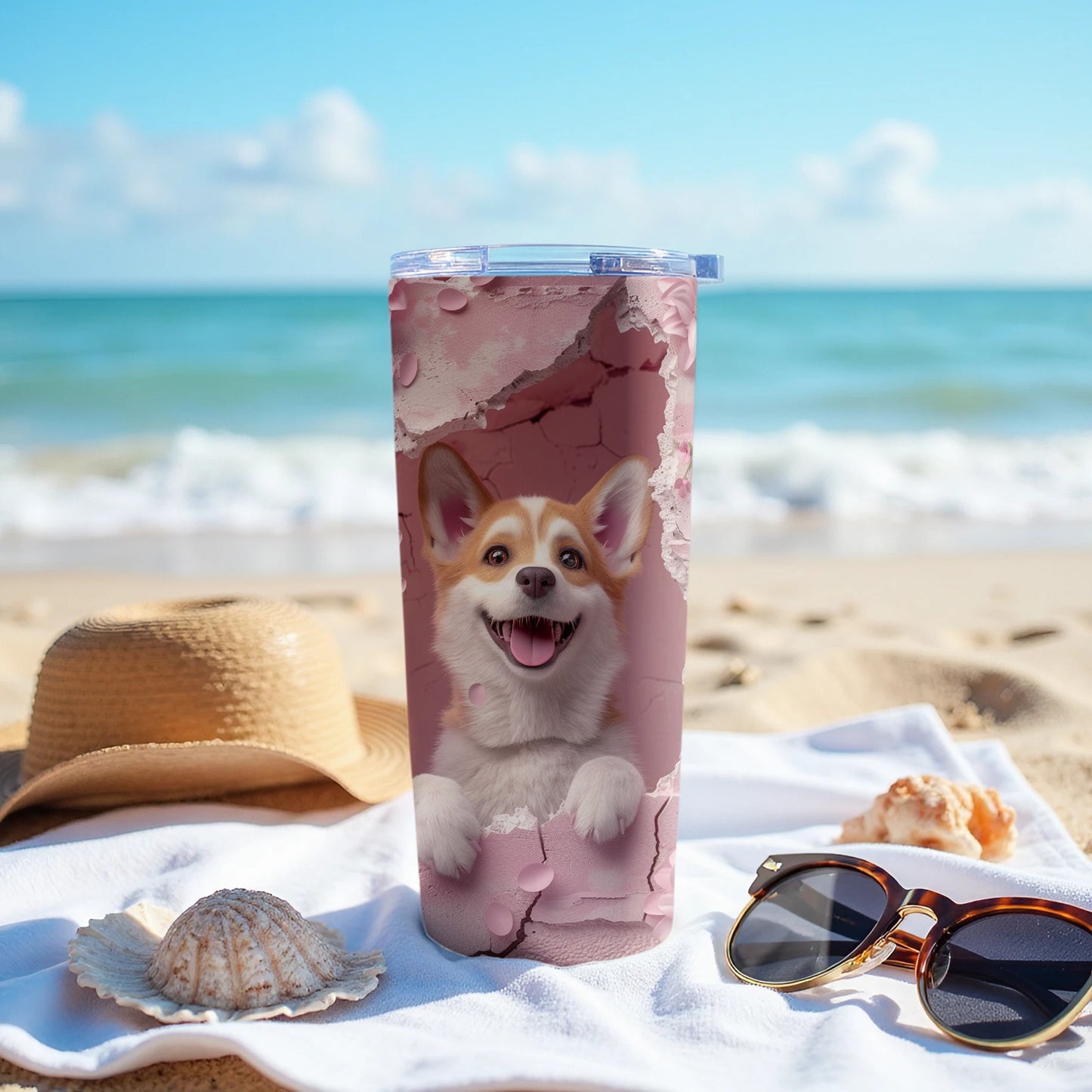 Happy Corgi Pink Textured Beach Scene Tumbler product type