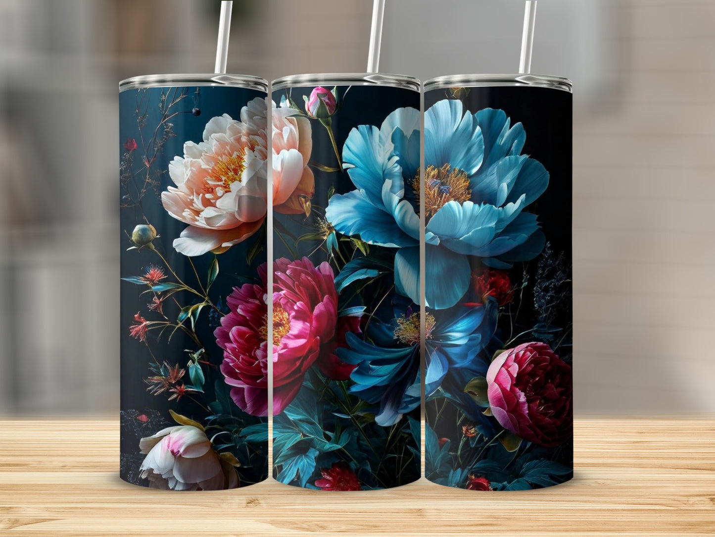 Three tumblers featuring large, colorful peony flowers against a dark background.