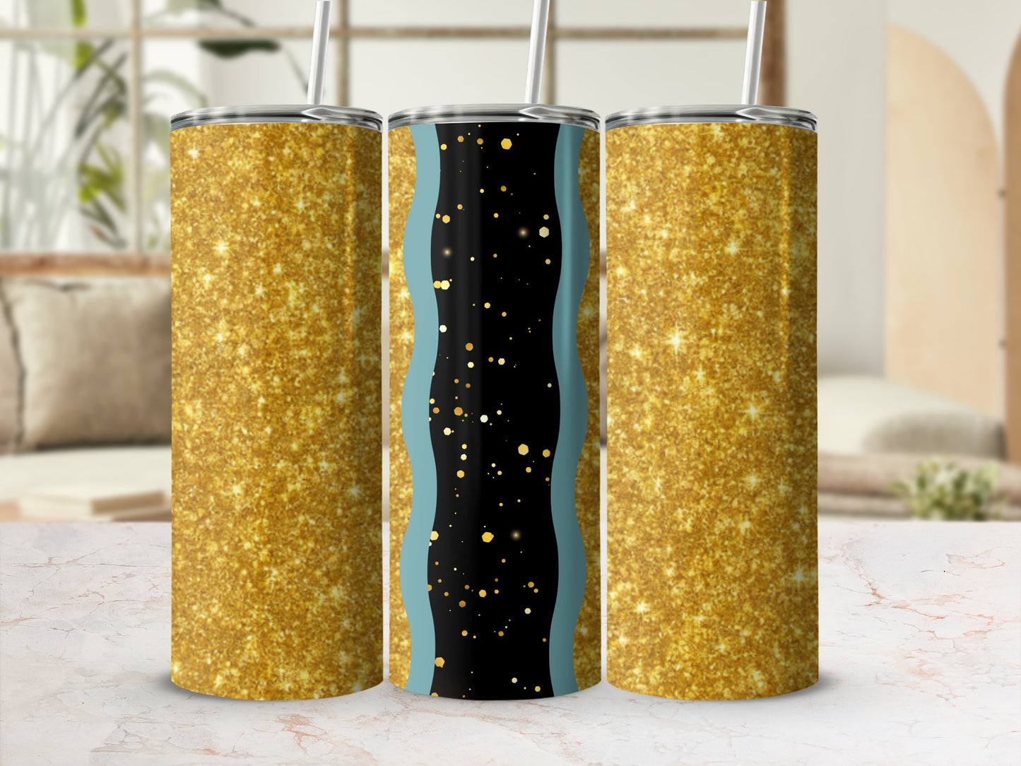Three glitter tumblers with straw, one features a black and blue wavy design.