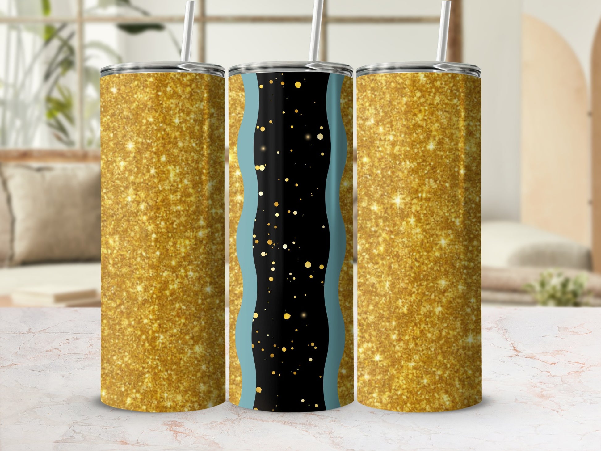 Three glitter tumblers with straw, one features a black and blue wavy design.