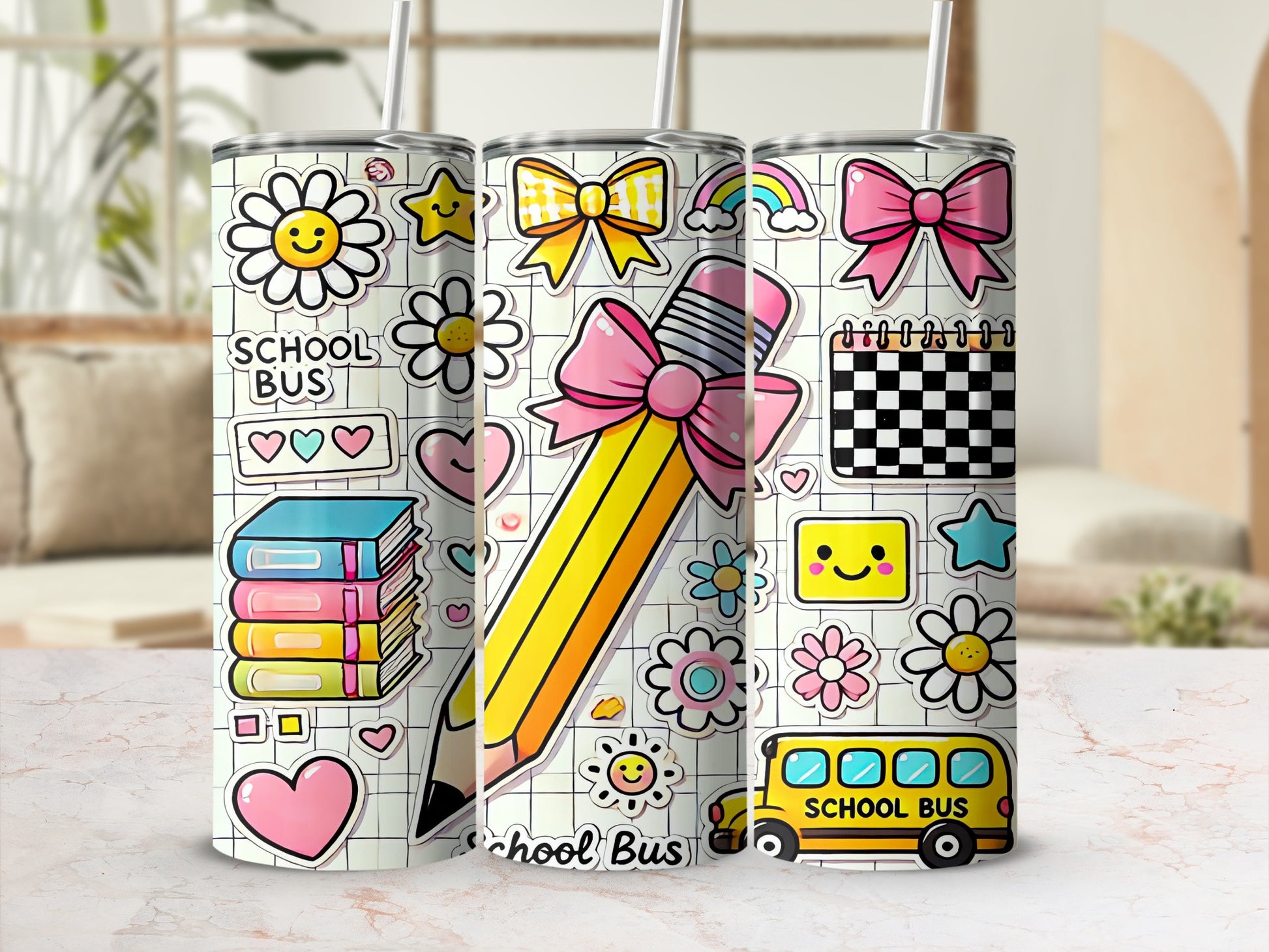 Tumbler with school-themed illustrations: school bus, books, flowers, and pencil.