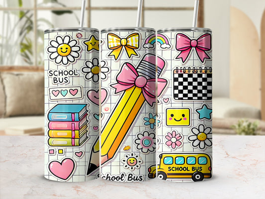 Tumbler with school-themed illustrations: school bus, books, flowers, and pencil.