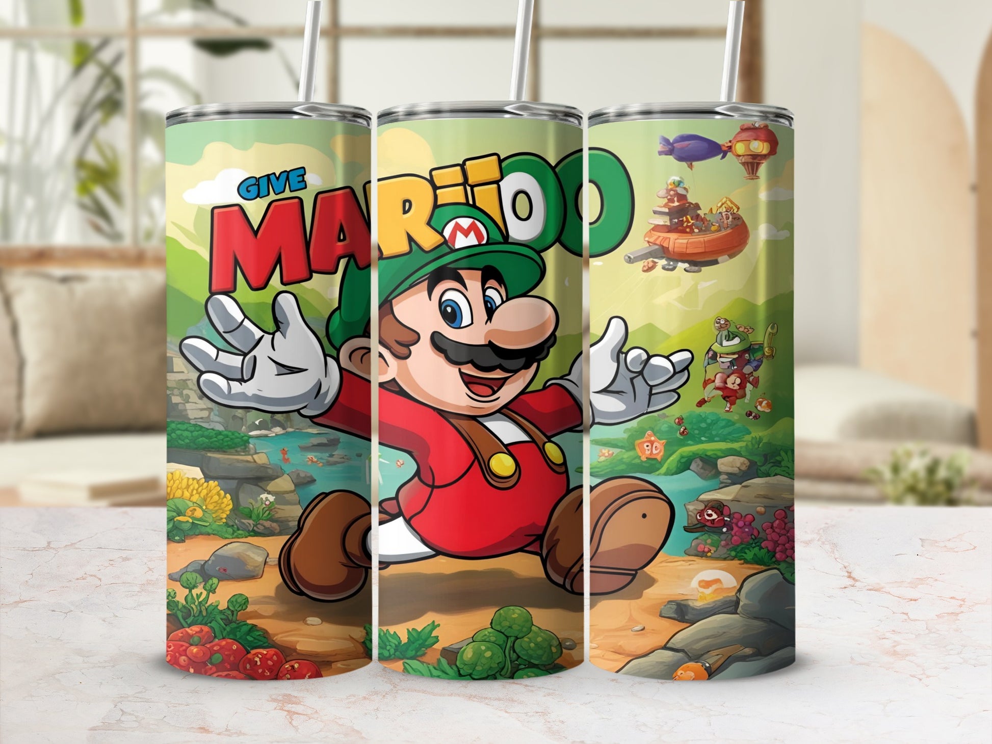 Super Mario characters and "Give Mario" text on a green and yellow tumbler.