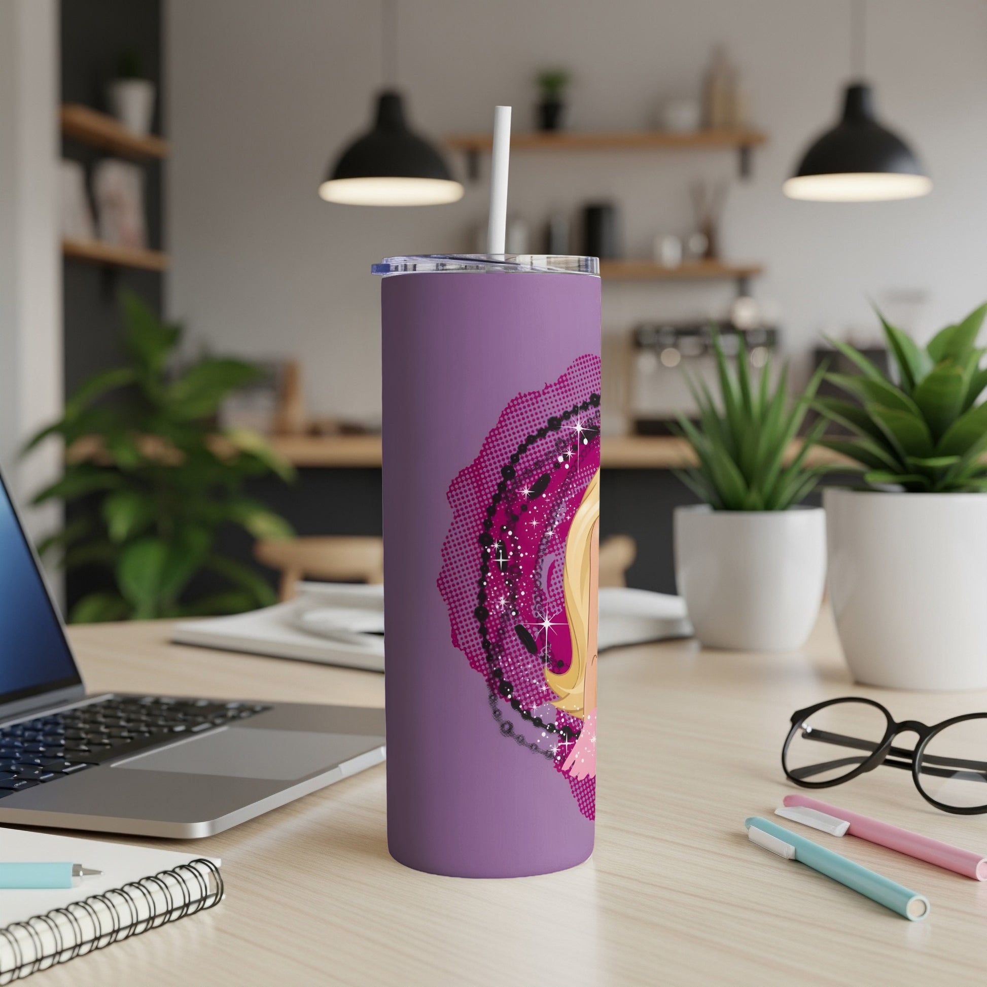 Purple tumbler with blonde woman's face and black decorative border.