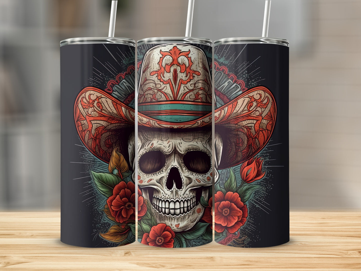 Sugar Skull Cowboy Hat Floral Tumbler with Straw